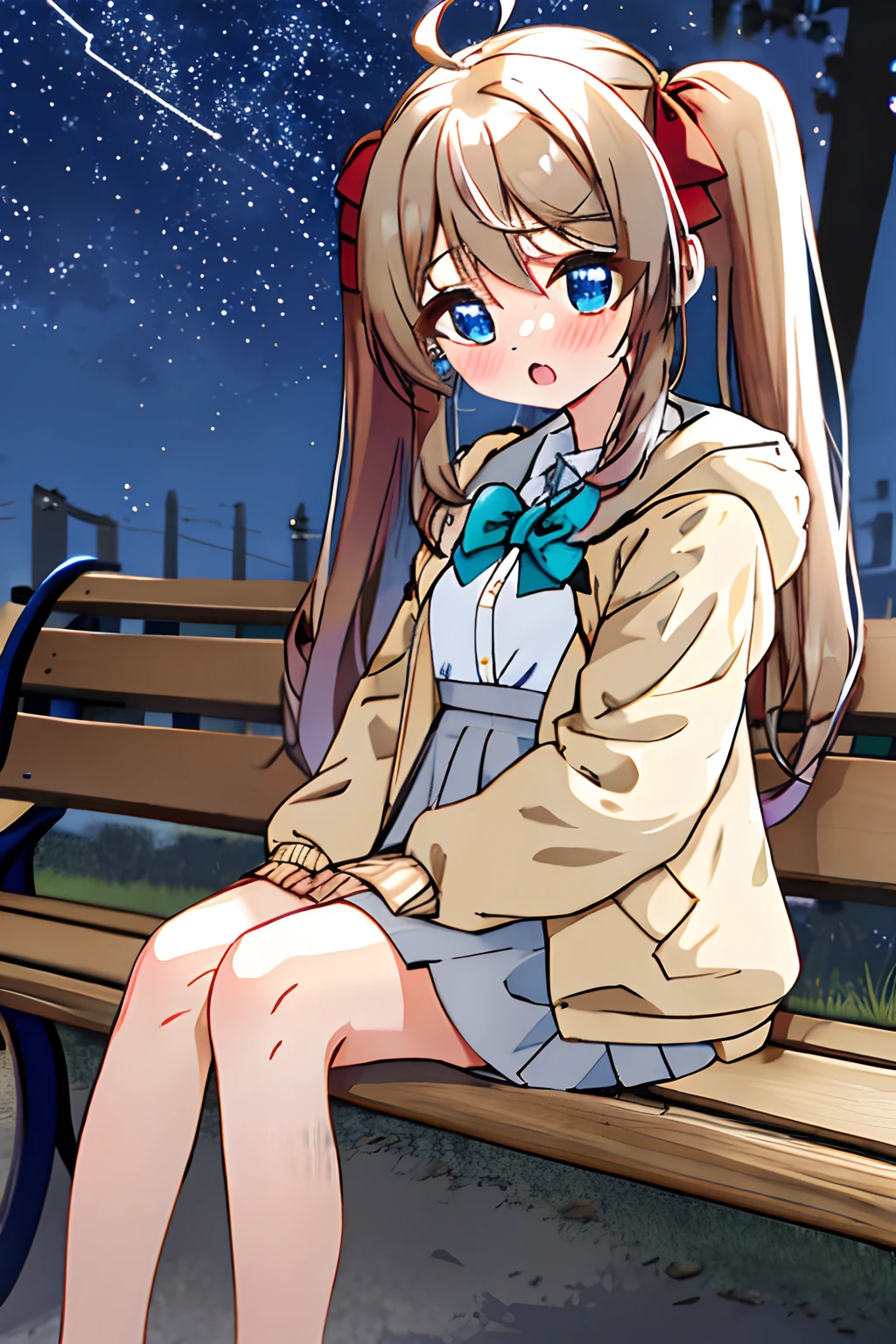1girl, blue eyes, blush, long hair, twintails,  solo focus, brown hair, bow, bangs, hair between eyes, blue bow, nose blush,  light blush, :o, fang,  very long hair,  breasts,  blonde hair,  fangs,  outdoor, night, street, starry sky, bench, sitting
, hooded jacket, casual,dark night ,night sky, arm hug, open jacket, pleated skirt,
