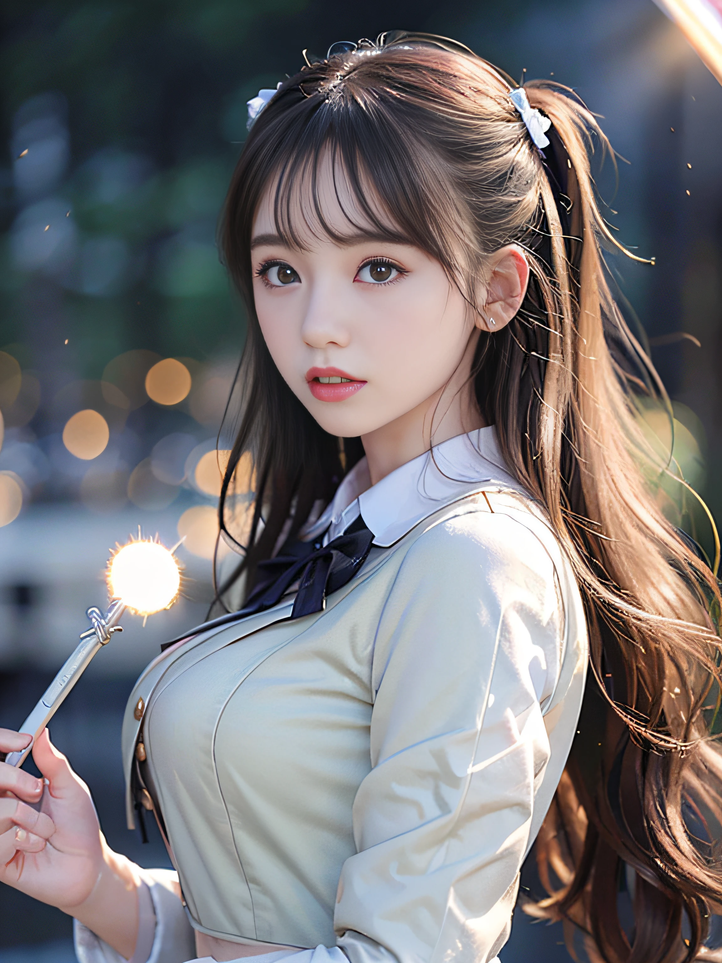 top-quality、​masterpiece、超A high resolution、(Photorealsitic:1.4)、Raw photo、Detailed CG image quality、cyberpunked、Beautiful fece、(1 Magical Girl)、sixteen years old, (Twin-tailed black hair:1.4), (White ribbon stopping hair), (Platinum Silver Accessories:1.4)、(White School Uniform:1.4)、(big breasts thin waist)、(Purple eyes:1.3), (radiant eyes), (Mystical powers:1.2), (Holding a white wizard wand:1.4), (A pale and fierce ball of light emanating from the wand:1.4). detailed portrait、8K picture quality、bright colour、concept-art、Cinematic and dramatic atmosphere、foco nítido、Volumetric lighting、Cinematographic lighting、Wearing studio quality、(Neon lighting)、depth of fields、Ambient lighting、Blurred foreground、blurry backround:1.3、(Blue summer sky:1.4), (Midsummer sunshine:1.4),