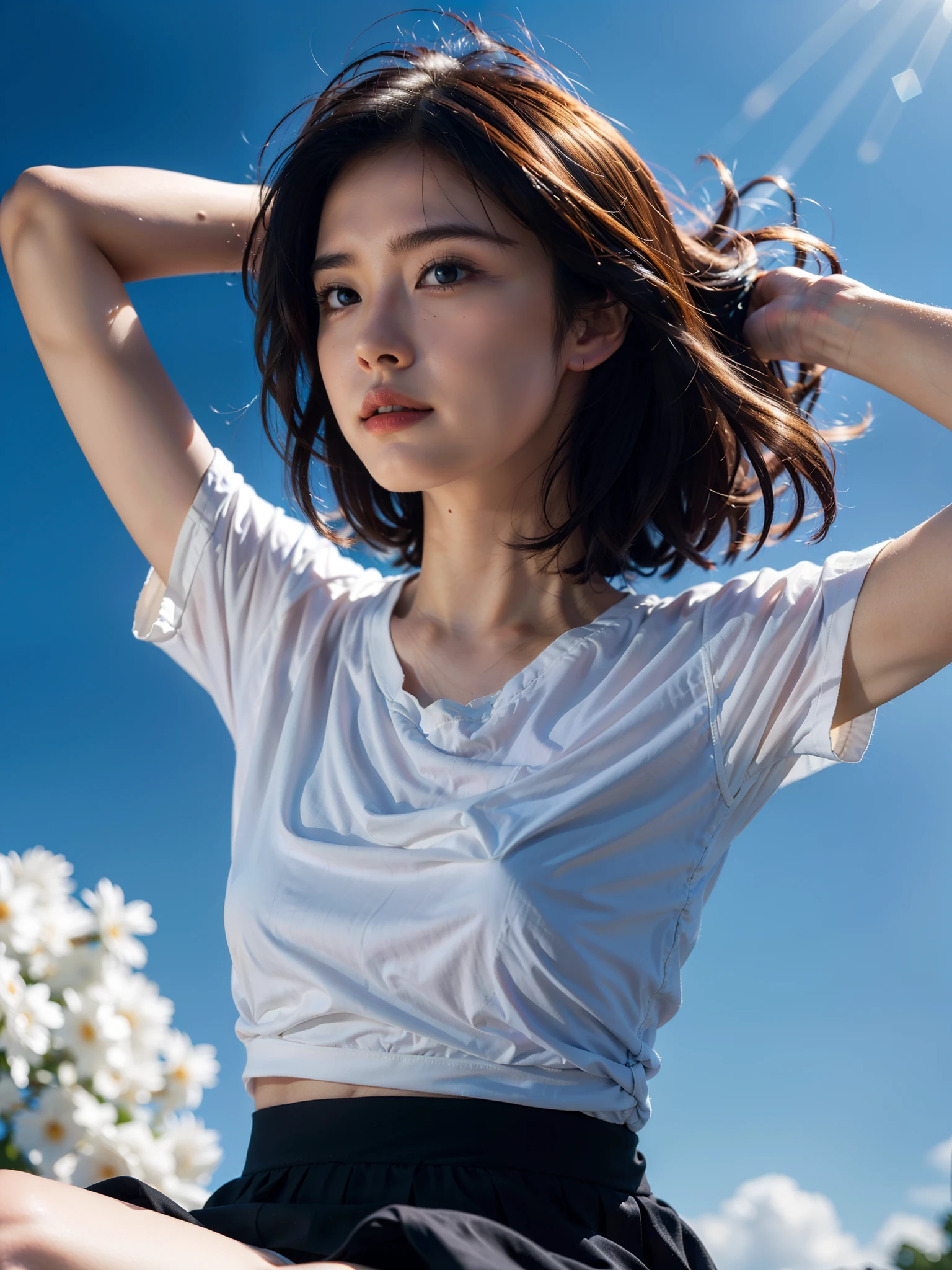 ((of the highest quality, 8K,Raw photo)), (Realistic, Photorealistic: 1.37), (Face Focus: 1.1), Small breasts, flat chest, Short hair, (White clothes: 1.1), Wearing a T-shirt、Skirt, Sitting, Arms up, From below, Sunlight, Movie Lighting, Beautiful little girl with hair blown by wind in twilight sky