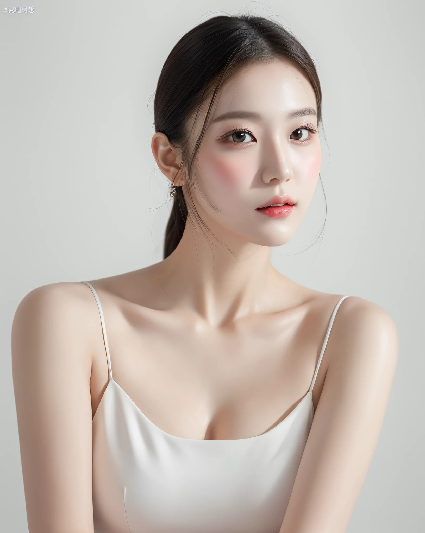 korean girl, very beautiful face, (photo realistic:1.4),(masterpiece, 4K, best quality, ultra detailed),studio shoot,pictorial,photography,realistic eyes, Ultra-Detailed Face, Detailed Lips, normal hand, glossy lips, glossy face, simple background