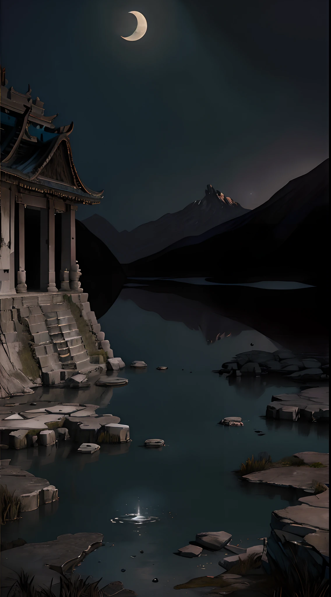 (Best quality, Masterpiece),the night，Dull moonlight，1 Outdoor girls，Solitude，desolation，Inside an abandoned temple, Realistic background,