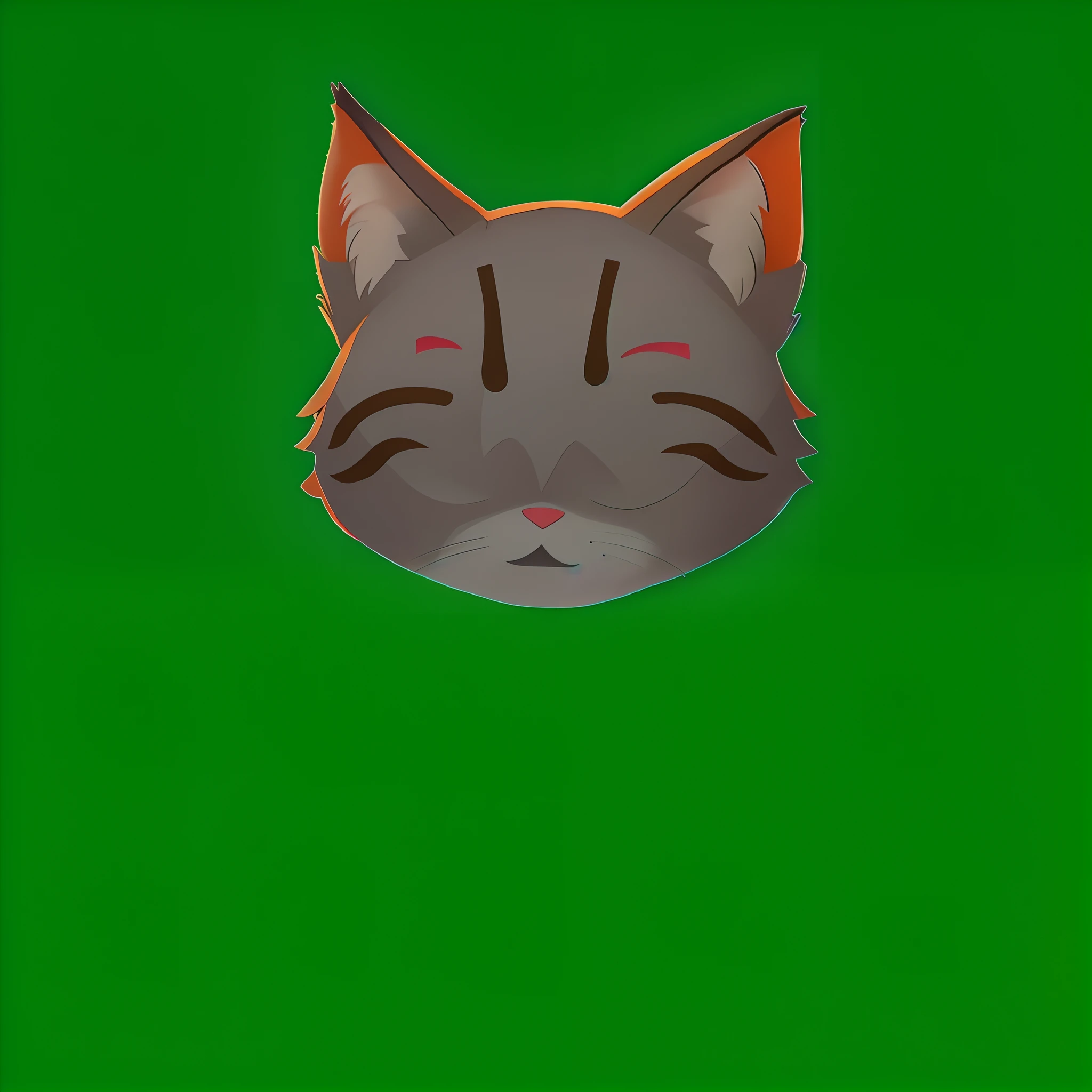 There is a cat with a sad face on a green background, sem linha, cat head, illustration of a cat, Gato. Pintura digital, the cat is smiling, visual anime de um gato bonito, Gato Anime, quanto ele faz, a cat is smiling, um gato bonito, design do gato, Gato Anime Realista, com o rosto muito detalhado, foto de gato bonito
