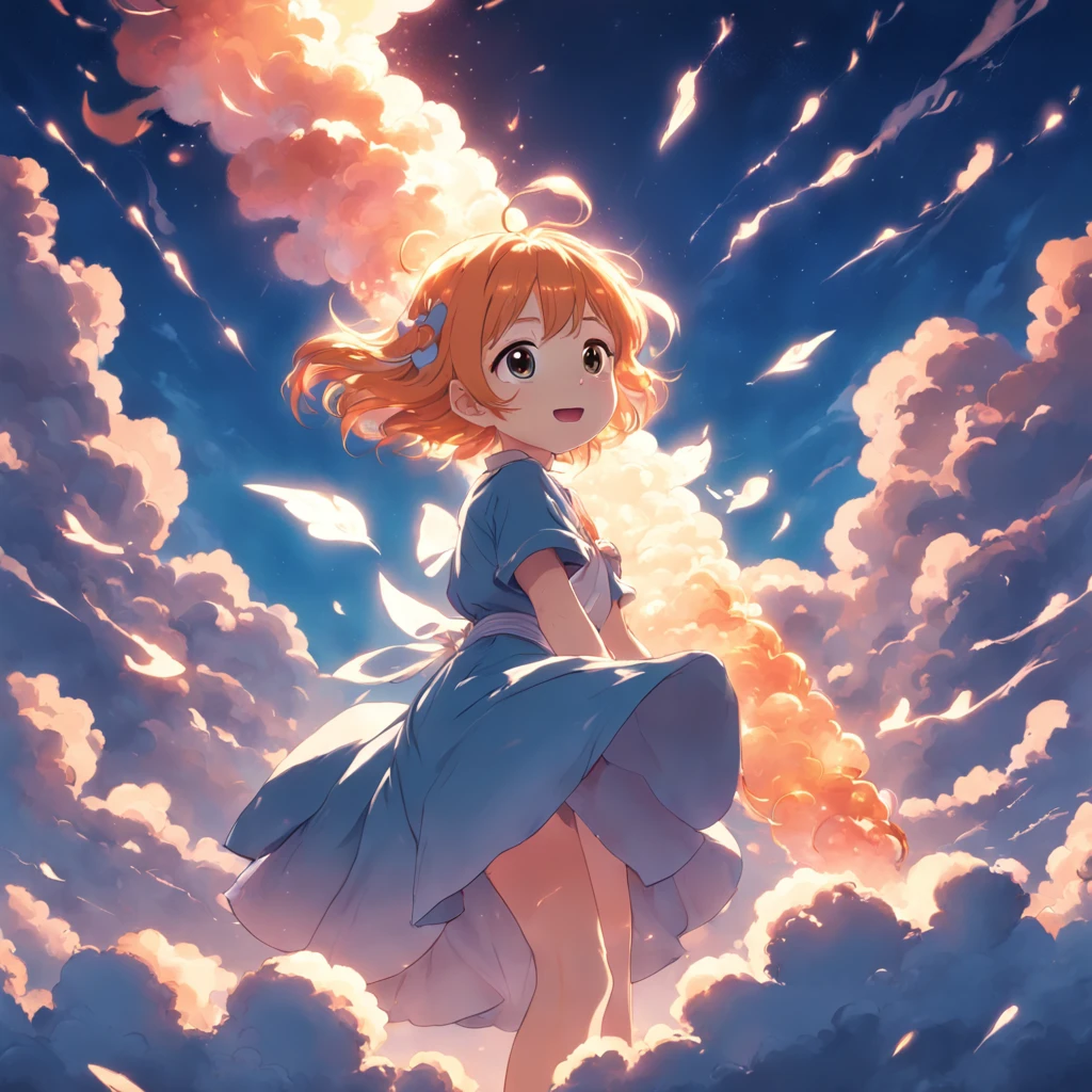 masterpiece, best quality, movie still, B letter, cloud girl, floating in the sky, close-up, bright, happy, warm soft lighting, sunset, (sparks:0.7)