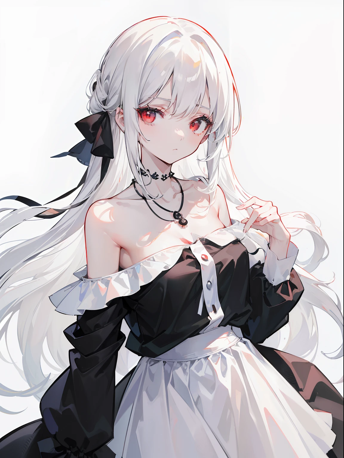(bestquality, masterpiece), (An elegant girl , 1girl , solo, " Black one piece shirt, White skirt, necklace ,black ribbon ", off-the-shoulder, Standing, looking at the audience, "White Hair", Long-haired, Long tied white hair, red eyes, closed mouth , Upper body), (background)