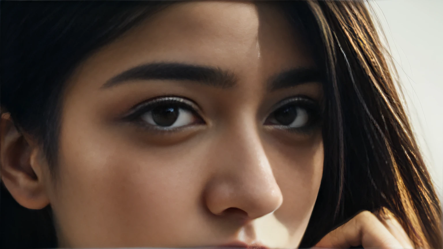 1girl em,Black hair、Close-up of the face,A surprised expression was revealed, Soft portrait shoot,(tmasterpiece,k hd,hyper HD,32K),zydink,Young students, Nice bright eyes(k hd), Egg white peel,Classical oil painting texture, Monet(Abstract milk splash:1.2),bronze skin,The eye(realisticlying:1.4),The nostrils look at people,Long flowing burgundy hair, RAW photogr, sharpie,Nice bright eyes,astonishment