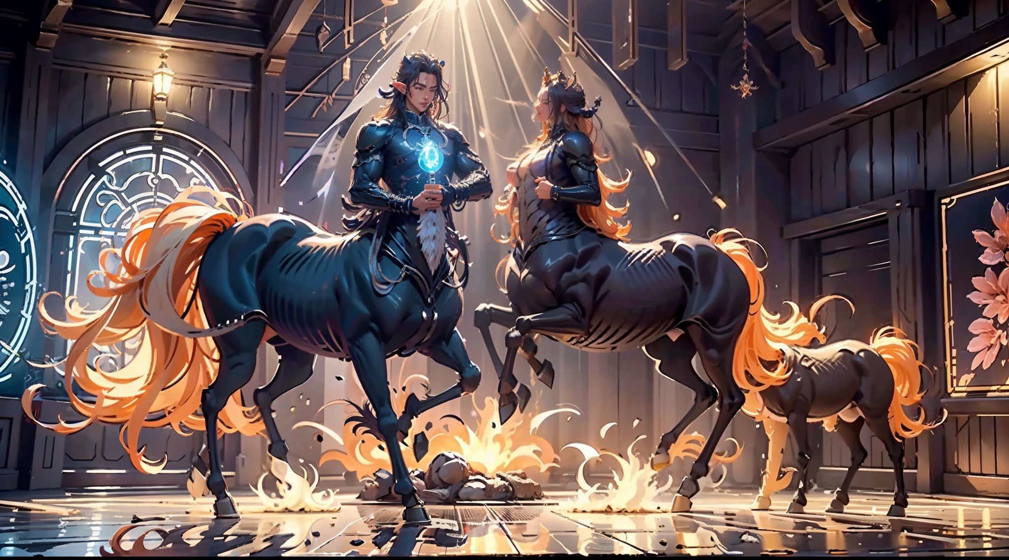 In the beautiful illustration of this super-grand scene，The ultra-long-range lens is shown（Eight unique centaur characters：9.9），They all have their own characteristics，Vivid and interesting。Radiant angelic centaurs from the heavenly realm，To the hellish centaurs surrounded by nightmarish flames，And then to the Wind Immortal Centaur dancing in the air，There are also one-horned centaurs surrounded by thunder and lightning，and mechanical centaurs that shine with metallic light，And then to the powerful dragon centaur with colored dragon scales covering the whole body，The elegant and agile elf centaur always wears a flower crown with its slender and graceful lines，Enchanting and charming Tiflin centaurs。Each character has their own unique charms and abilities。The illustration uses advanced artistic techniques and tools，（Divide the scene into sections by geometric arrangement：9.9），Each section corresponds to a centaur character，This makes more efficient use of space。Through Midjourney's advanced brush tools、Color palette、Material packs and model packs，Exquisite costumes and equipment are designed for each centaur，Enhances the character's personality and visual appeal。The scenery in the illustrations is stunning，There are changing skies、rainbowing、extreme light、Stars and Moon。Incorporating iconic landmarks such as Mount Everest，and fireworks、tranquil lake、Natural and urban elements of waves and neon lights，Creates a magical atmosphere。The centaurs showed off their skills and equipment in a variety of environments，This is true even in extreme alien landscapes。（Use Midjourney's tools、Material packs、Texture tools、The color palette makes depicting details vivid and realistic：9.9），From intricate hairstyles and clothing to authentic textures，Enhances the realism of the characters and surroundings。The fusion of multiple art styles adds movement to the centaur's movement at all angles，The overall visual experience is further enriched。The final illustration was described as a "mast