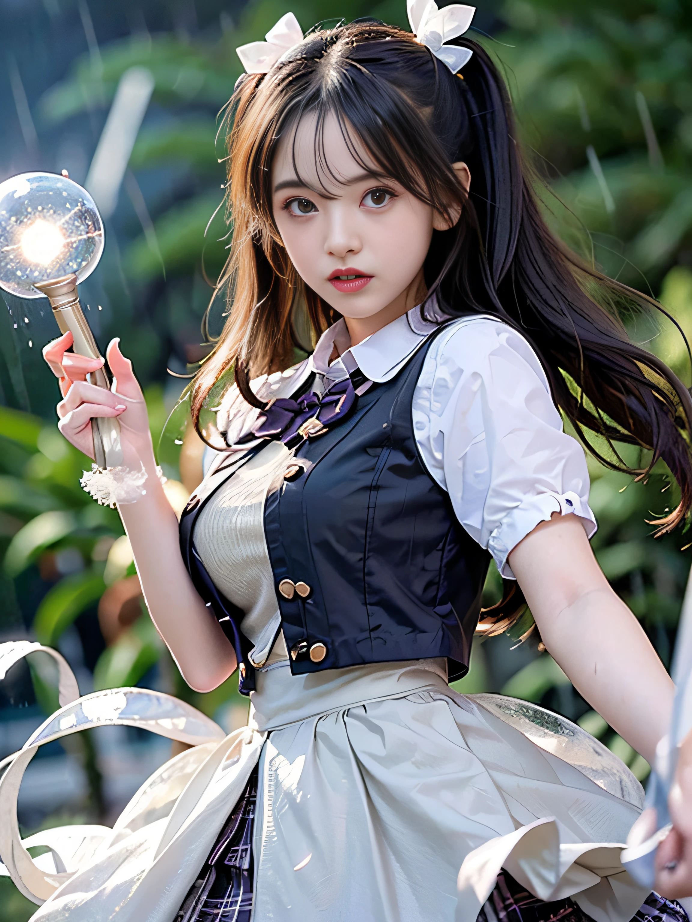 top-quality、masterpiece、超A high resolution、(Photorealsitic:1.4)、Raw photo、Detailed CG image quality、cyberpunked、Beautiful fece、(1 Magical Girl)、, (Twin-tailed black hair:1.4), (White ribbon stopping hair), (Platinum Silver Accessories:1.4)、(White School Uniform:1.4)、(big breasts thin waist)、(Purple eyes:1.3), (radiant eyes), (Mystical powers:1.2), (Holding a white wizard wand:1.4), (A pale and fierce ball of light emanating from the wand:1.4). detailed portrait、8K picture quality、bright colour、concept-art、Cinematic and dramatic atmosphere、foco nítido、Volumetric lighting、Cinematographic lighting、Wearing studio quality、(Neon lighting)、depth of fields、Ambient lighting、Blurred foreground、blurry backround:1.3, (rainy evening:1.4), (Severe lightning strike:1.4),