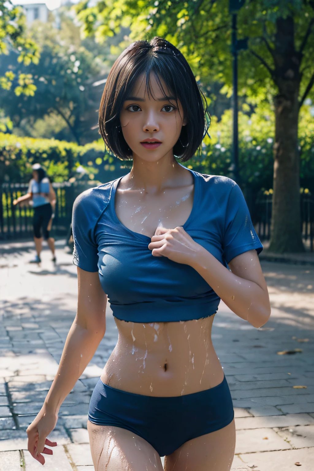 ((beatiful girl:1.3)) ((sports wearl:1.4)) ((running:)) ((sweat:1.4)) , ((best quality,masterpiece,ultra high res)),(photorealistic:1.4),raw photo,(Authentic skin texture:1.3),(film grain:1.3),panorama,character portrait,very wide shot,narrow waist,cowboy shot,(in the dark, deep shadow, low key, cold light,) ,dust,Tyndall effect,(expression),,beautiful detailed eyes and face,brown eyes, ((full body:)) ((close up:)) ((flat stomach)) ((cleavage)) ((panty shot:1.2)) ((large breasts)) ((wet:1.3)) ((in the park)) ((wearing blue T-shirt)) ((bob cut))