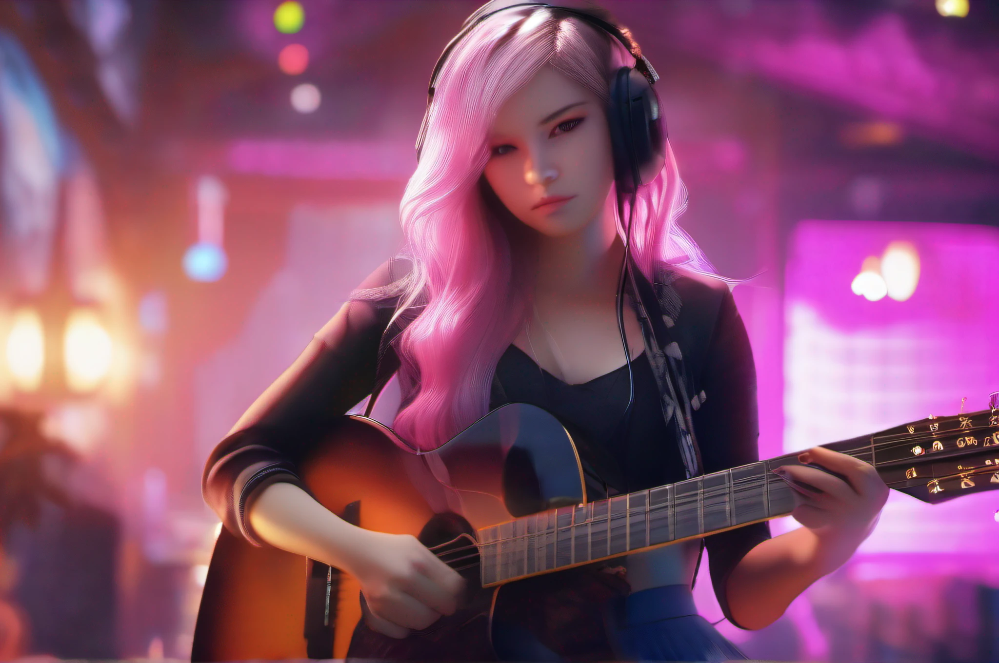 1girl, ((cinematic light)), colorful, hyper detail, dramatic light, intricate details, best quality, (extremely detailed CG unity 8k wallpaper, masterpiece, best quality, ultra-detailed, best shadow), (detailed background:1.4), (beautiful detailed face, beautiful detailed eyes), High contrast, (best illumination, an extremely delicate and beautiful),(girl:1.5), solo, black skirt, blue eyes, electric guitar, guitar, headphones, holding, holding plectrum, instrument, long hair, music, one side up, pink hair, playing guiter, pleated skirt, black shirt, indoors ((caustic)), dynamic angle,beautiful detailed glow,full body, cowboy shot,