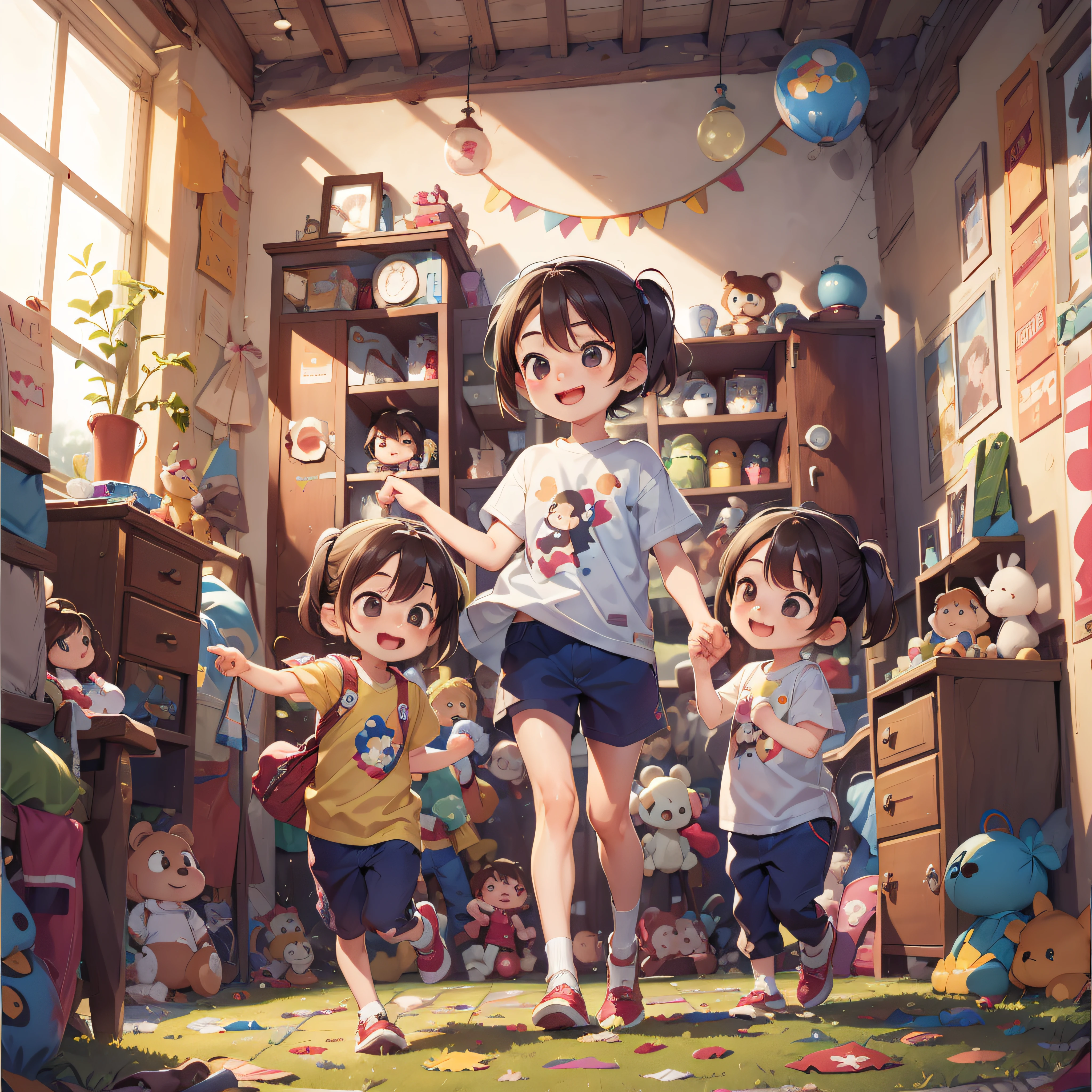 A bright daytime room is depicted。In the center of the room is、4 and 6 year old sisters are seated。My 6-year-old sister is a little older、My 4-year-old sister has a rather small physique。They sat facing each other.、It is depicted talking with a smile。

My four-year-old sister was holding a stuffed animal in her hand.、I am holding out the stuffed animal to my 6-year-old sister.。My 6-year-old sister、Smiling gently while receiving my sister's stuffed animal。From that gesture、The presence of tender interaction and understanding between the two is felt。

Toys and picture books spread out in the room、Traces of children's play can be seen。Bright sunlight shines through the windows of the room.、It brings a warm atmosphere。

This illustration is、It expresses the sister's reconciliation and friendliness。Beyond the age difference between 4 and 6 years、It depicts the attitude of caring for each other。It is a scene that expresses family bonds and happy moments。