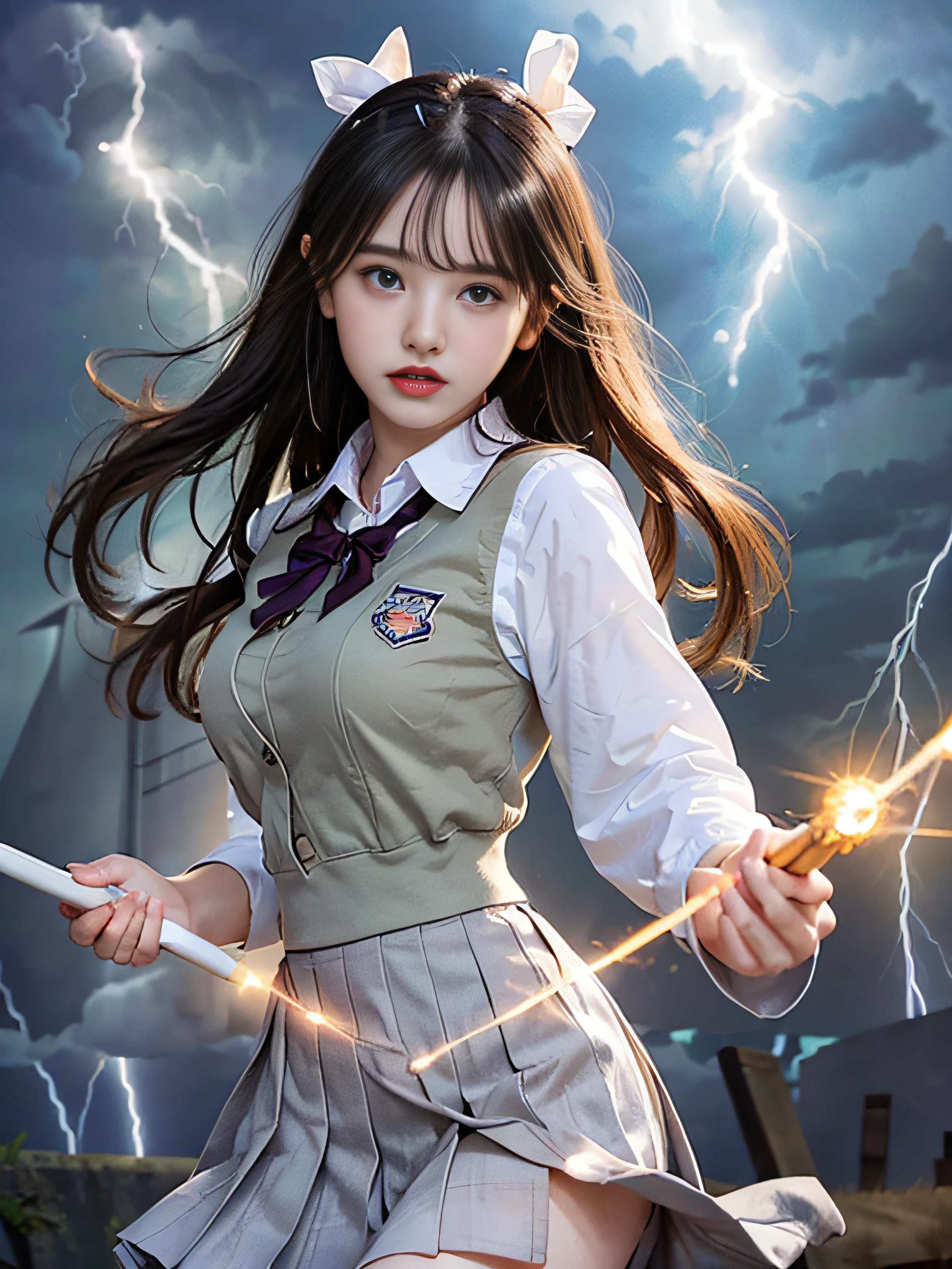 top-quality、​masterpiece、超A high resolution、(Photorealsitic:1.4)、Raw photo、Detailed CG image quality、cyberpunked、Beautiful fece、(1 Magical Girl)、sixteen years old, (Twin-tailed black hair:1.4), (White ribbon stopping hair), (Platinum Silver Accessories:1.4)、(White School Uniform:1.4)、(big breasts thin waist)、(Purple eyes:1.3), (radiant eyes), (Mystical powers:1.2), (Holding a white wizard wand:1.4), ((A pale and fierce ball of light emanating from the wand:1.4)), (Thunder emanating from around the body:1.4)、detailed portrait、8K picture quality、bright colour、concept-art、Cinematic and dramatic atmosphere、foco nítido、Volumetric lighting、Cinematographic lighting、Wearing studio quality、(Neon lighting)、depth of fields、Ambient lighting、Blurred foreground、blurry backround:1.3, (rainy evening:1.4), (((Severe lightning strike:1.4))),