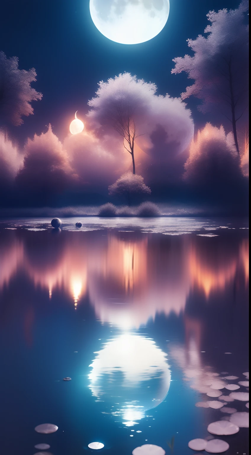 (((the night))),(((the huge moon))),Moonlight is reflected on the surface of the water,Carp leaps out of the water,Huge pond,Faraway view,Wide world,inverted image,Water streaks