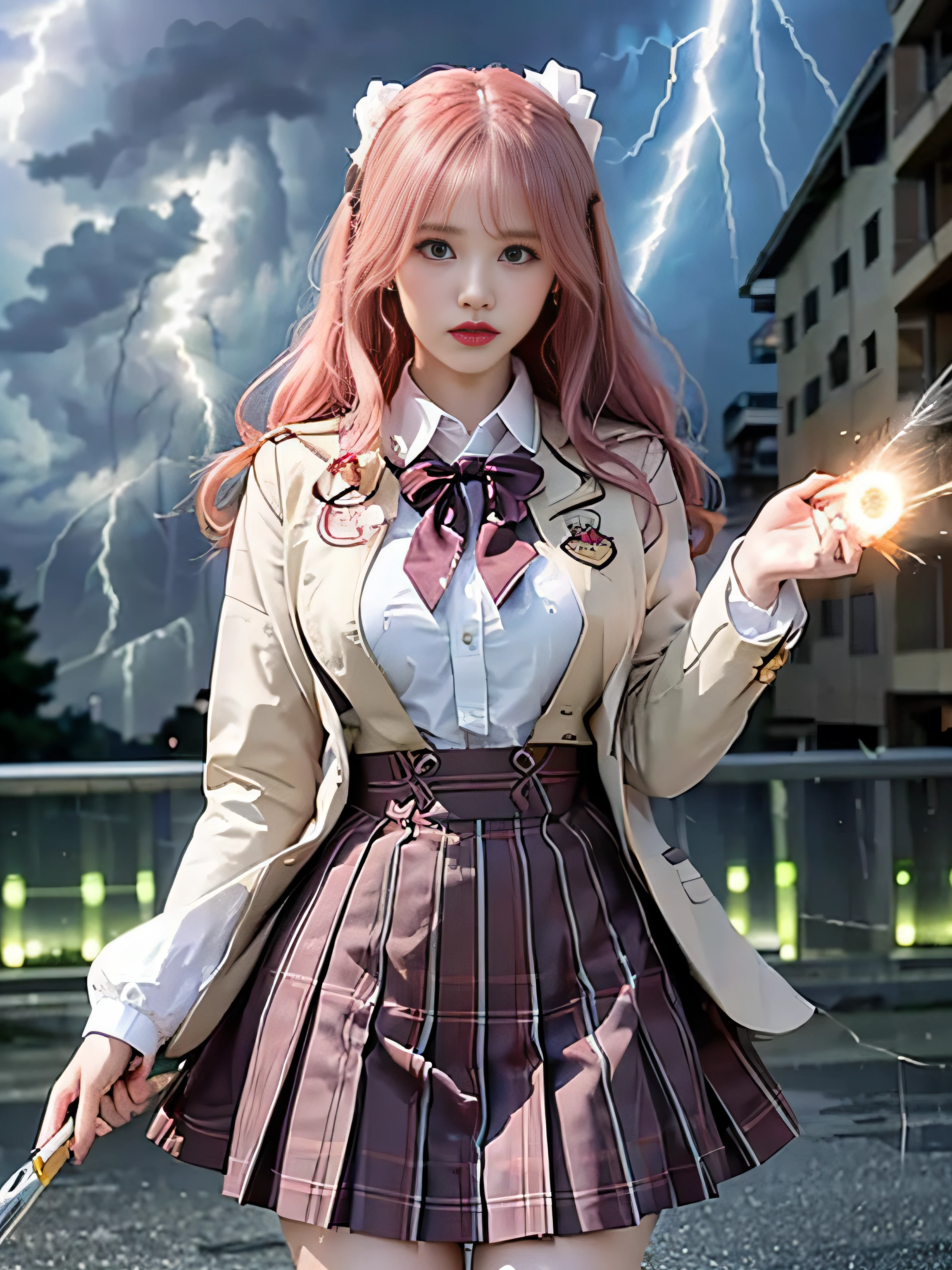 top-quality、​masterpiece、超A high resolution、(Photorealsitic:1.4)、Raw photo、Detailed CG image quality、cyberpunked、Beautiful fece、(1 magical girl)、, (Twin-tailed pink hair:1.4), (White ribbon to stop hair), (Platinum Silver Accessories:1.4)、(White School Uniform:1.4)、(big breasts thin waist)、(Purple eyes:1.3), (radiant eyes), (Mystical powers:1.2), (Holding a white wizard wand:1.4), ((A pale and fierce ball of light emanating from the wand:1.4)), (Lightning emanating from all over the body:1.4)、detailed portrait、8K picture quality、bright colour、concept-art、Cinematic and dramatic atmosphere、foco nítido、Volumetric lighting、Cinematographic lighting、Wearing studio quality、(Neon lighting)、depth of fields、Ambient lighting、Blurred foreground、blurry backround:1.3, (rainy evening:1.4), (((Severe lightning strike:1.4))),