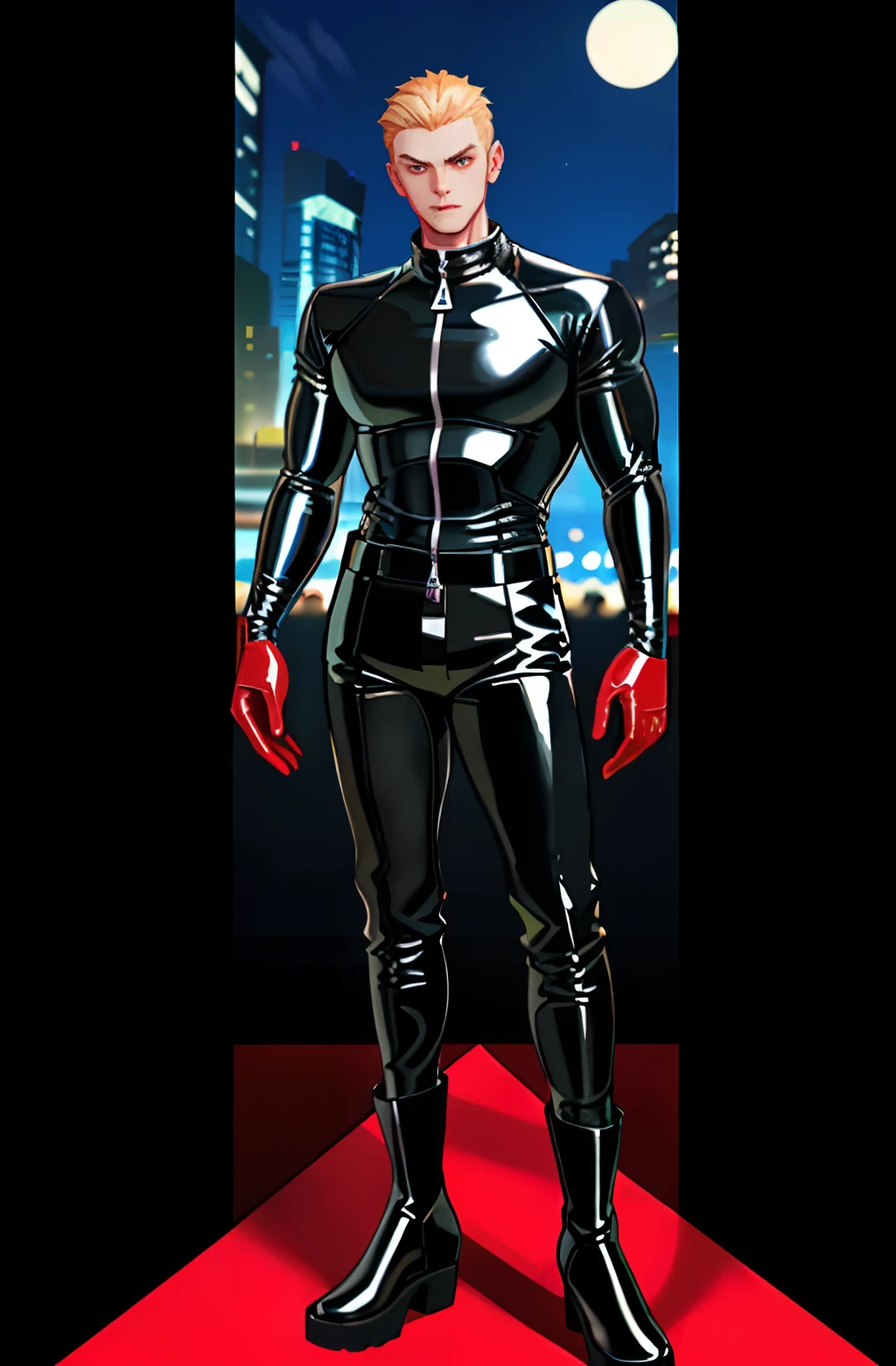 Male succubus,sexy muscular body,standing on your feet,full bodyesbian,Man,Youth,Best quality, crisp quality, Masterpiece, Highest resolution, Highly detailed, Red latex clothing,One-piece latex garment,Tight latex clothing,No zipper,love heart,chest muscle,Full-body muscular figure,night club,mtu,Gay,head to toe,toeless legwear,mitts,Men's flat boots