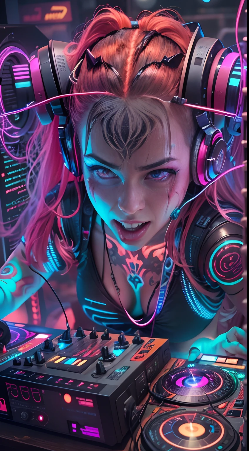 Colorful, hyper-realistic , cyberpunk, Psychedelic vampire female DJ plays dj instruments very crazy, looks intense, unlimited energy, full of passion, expression is so extraordinary, wearing vampire clothes integrated with modern cyberpunk dj costumes, complete with headphones and mic, tattooed cleavage, tattooed arms.  DJ musical instruments are so sophisticated, neon cables everywhere, colorful neon cables add a futuristic impression that is so strong, psychedelic, neon wires, colorful, energy, sweat, crowd, epic futurism, crazy, explosive, high_res, very detailed