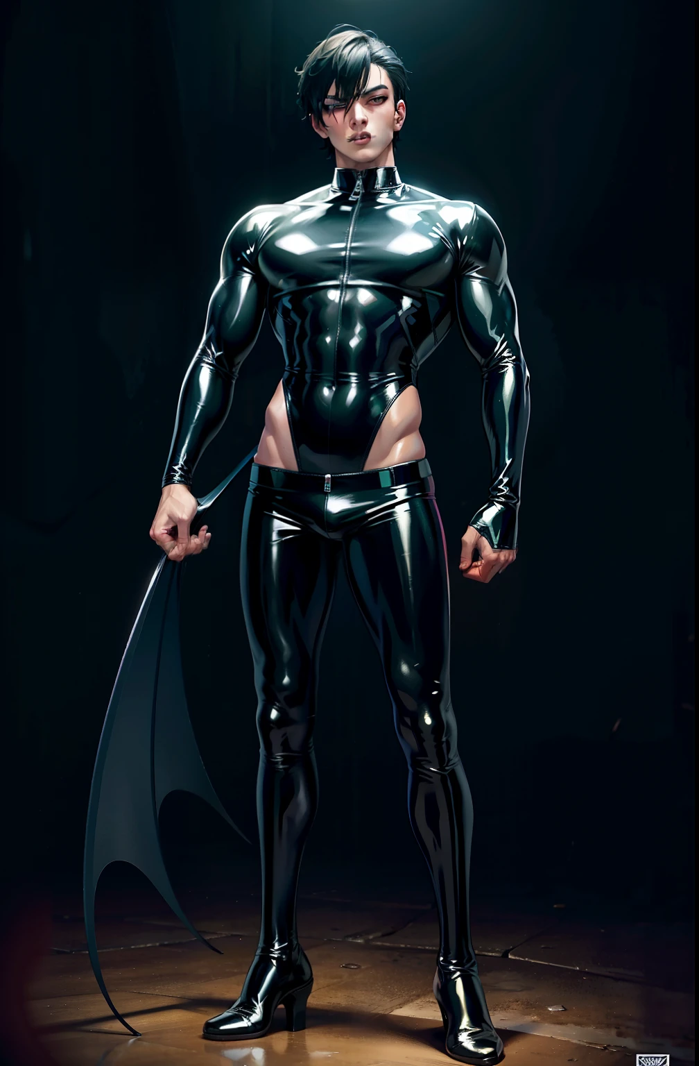 Male succubus，sexy muscular body，standing on your feet，full bodyesbian，Man,Youth，Best quality, crisp quality, Masterpiece, Highest resolution, Highly detailed, latex outfit，One-piece latex garment，Tight latex clothing，No zipper，chest muscle，Full-body muscular figure，night club，mtu,Gay，head to toe，toeless legwear，mitts，