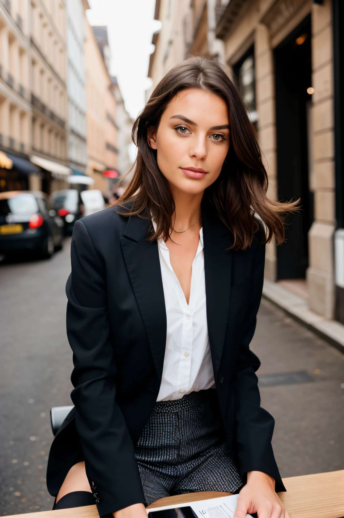 junge frau 36 anos, Selbstbewusster Blick Business-Stil, mit Bege-Anzug, in einem Kaffeehaus am smartphone, mit schulterlangem Brauenhaar, gezogene Lippen, braune Augen, Beautiful woman, walking down França Street and looking at the camera, 8K, Fotos von Hasselblad + Unglaublich detailliert, Sharpness, Details + Professionelle Beleuchtung, Fotografische Beleuchtung + 50mm, 80mm, 100m + Lightroom-Galerie + Behance-Fotografie + Unsplash --AR 2:3 - (fast)