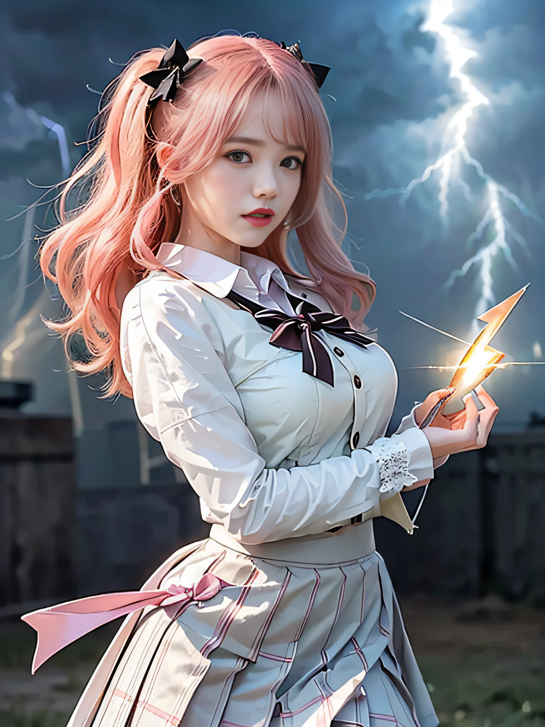 top-quality、​masterpiece、超A high resolution、(Photorealsitic:1.4)、Raw photo、Detailed CG image quality、cyberpunked、Beautiful fece、(1 magical girl)、sixteen years old, (Twin-tailed pink hair:1.4), (White ribbon to stop hair), (Platinum Silver Accessories:1.4)、(White School Uniform:1.4)、(big breasts thin waist)、(Purple eyes:1.3), (radiant eyes), (Mystical powers:1.2), (Holding a white wizard wand:1.4), ((A pale and fierce ball of light emanating from the wand:1.4)), (Lightning emanating from all over the body:1.4)、detailed portrait、8K picture quality、bright colour、concept-art、Cinematic and dramatic atmosphere、foco nítido、Volumetric lighting、Cinematographic lighting、Wearing studio quality、(Neon lighting)、depth of fields、Ambient lighting、Blurred foreground、blurry backround:1.3, (rainy evening:1.4), (((Severe lightning strike:1.4))),