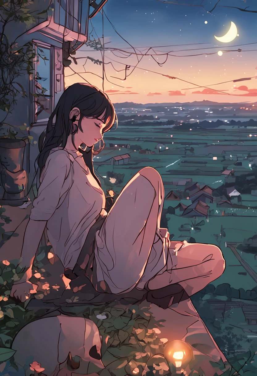 Loepfe music anime illustration,A peaceful evening in the countryside,A young girl lies on the roof,Lying on the roof,Gaze at the starry sky,Feel the breeze on her cheeks,On the horizon in the distance,A beautiful panorama of the countryside unfolds before her eyes,The view from the roof made her feel peaceful and calm,The stars shimmered faintly,It was like a light that lit up the entire night sky。She sat there quietly,Enjoy this wonderful moment,Feel the charm of nature,Full of tranquility and beauty,It's heart-warming,Cozy and comfortable atmosphere, during night, Wonder, Nice atmosphere,The room was a bit dark --auto