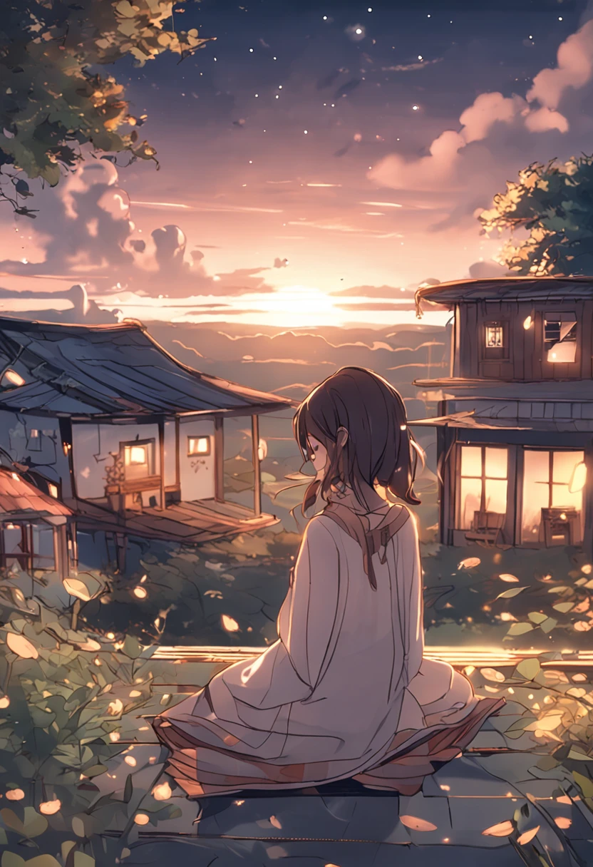 Loepfe music anime illustration,A peaceful evening in the countryside,A young girl lies on the roof,Lying on the roof,Gaze at the starry sky,Feel the breeze on her cheeks,On the horizon in the distance,A beautiful panorama of the countryside unfolds before her eyes,The view from the roof made her feel peaceful and calm,The stars shimmered faintly,It was like a light that lit up the entire night sky。She sat there quietly,Enjoy this wonderful moment,Feel the charm of nature,Full of tranquility and beauty,It's heart-warming,Cozy and comfortable atmosphere, during night, Wonder, Nice atmosphere,The room was a bit dark --auto