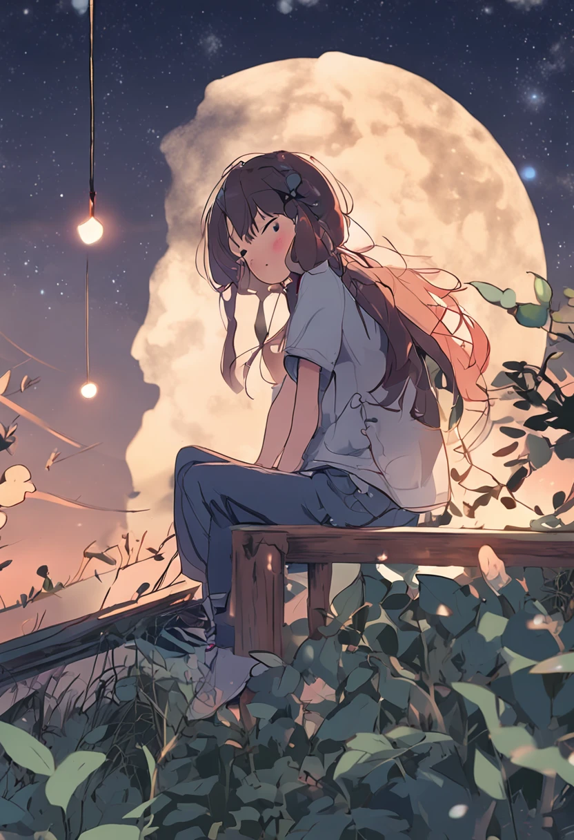 Loepfe music anime illustration，A peaceful evening in the countryside，A young girl lies on the roof，Lying on the roof，Gaze at the starry sky，Feel the breeze on her cheeks，On the horizon in the distance，A beautiful panorama of the countryside unfolds before her eyes，The view from the roof made her feel peaceful and calm，The stars shimmered faintly，It was like a light that lit up the entire night sky。She sat there quietly，Enjoy this wonderful moment，Feel the charm of nature，Full of tranquility and beauty，It's heart-warming，Cozy and comfortable atmosphere, during night, Wonder, Nice atmosphere，The room was a bit dark --auto