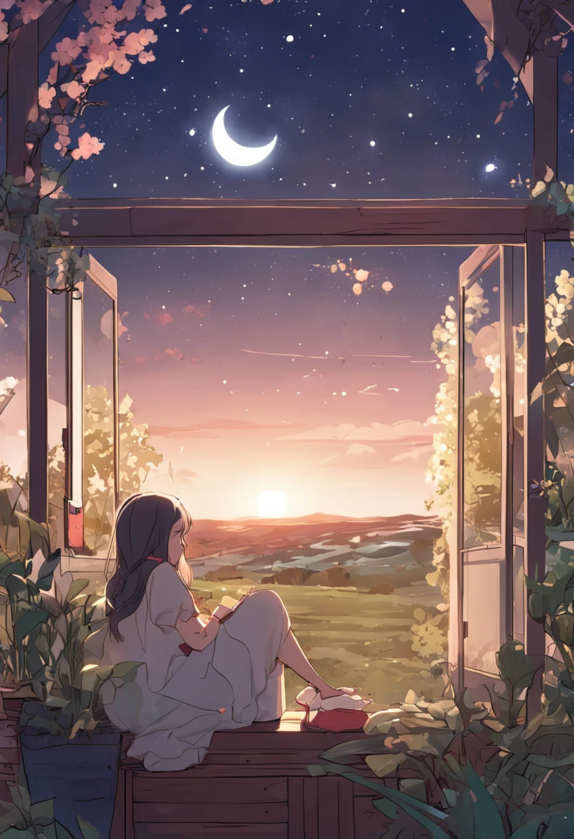 Loepfe music anime illustration，A peaceful evening in the countryside，A young girl lies on the roof，Lying on the roof，Gaze at the starry sky，Feel the breeze on her cheeks，On the horizon in the distance，A beautiful panorama of the countryside unfolds before her eyes，The view from the roof made her feel peaceful and calm，The stars shimmered faintly，It was like a light that lit up the entire night sky。She sat there quietly，Enjoy this wonderful moment，Feel the charm of nature，Full of tranquility and beauty，It's heart-warming，Cozy and comfortable atmosphere, during night, Wonder, Nice atmosphere，The room was a bit dark --auto