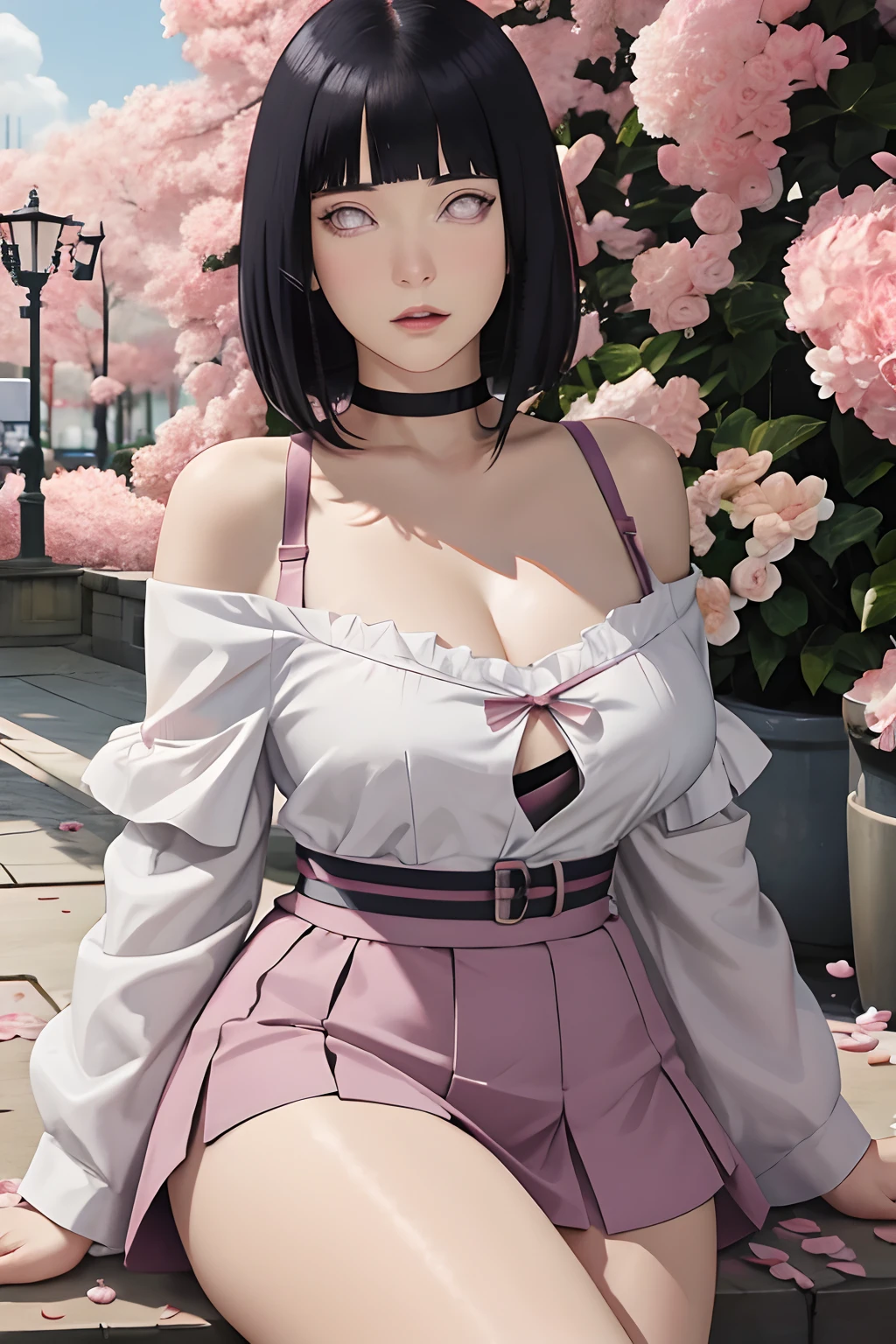 masterpiece, absurdres, hinata\(boruto\), 1girl, solo,mature female, off-shoulder strap bra, high waist short skirt, looking at viewer, (falling petals), perfect composition, detailed lips, big breast, beautiful face, body propotion, blush, (pink lips), long hair,  purple eyes,  soft gaze,  super realistic, detailed, photoshoot, realistic face and body,