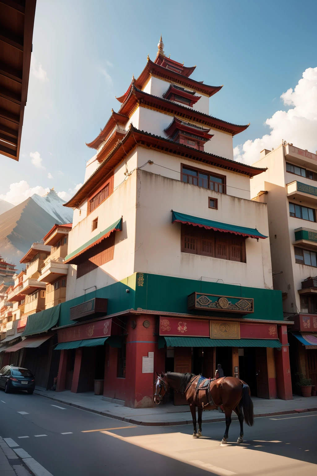 Modern age city,Tibetan-style architecture,Similar to the Potala Palace style,There are horses on the streets