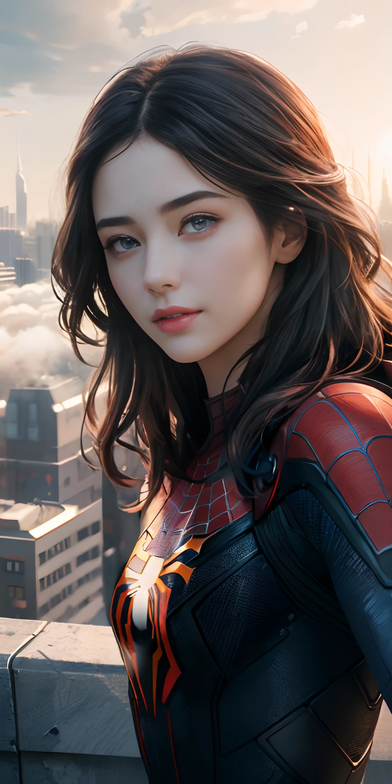 (1girl:1.3), Solo, (((Very detailed face)))), ((Very detailed eyes and face)))), Beautiful detail eyes, Body parts__, Official art, Unified 8k wallpaper, Super detailed, beautiful and beautiful, beautiful, masterpiece, best quality, original, masterpiece, super fine photo, best quality, super high resolution, realistic realism, sunlight, full body portrait, amazing beauty, dynamic pose, delicate face, vibrant eyes, (from the front), She wears Spider-Man suit, red and black color scheme, spider, very detailed city roof background, rooftop, overlooking the city, detailed face, detailed complex busy background, messy, gorgeous, milky white, highly detailed skin, realistic skin details, visible pores, clear focus, volumetric fog, 8k uhd, DSLR, high quality, film grain, fair skin, photo realism, lomography, futuristic dystopian megalopolis, translucent