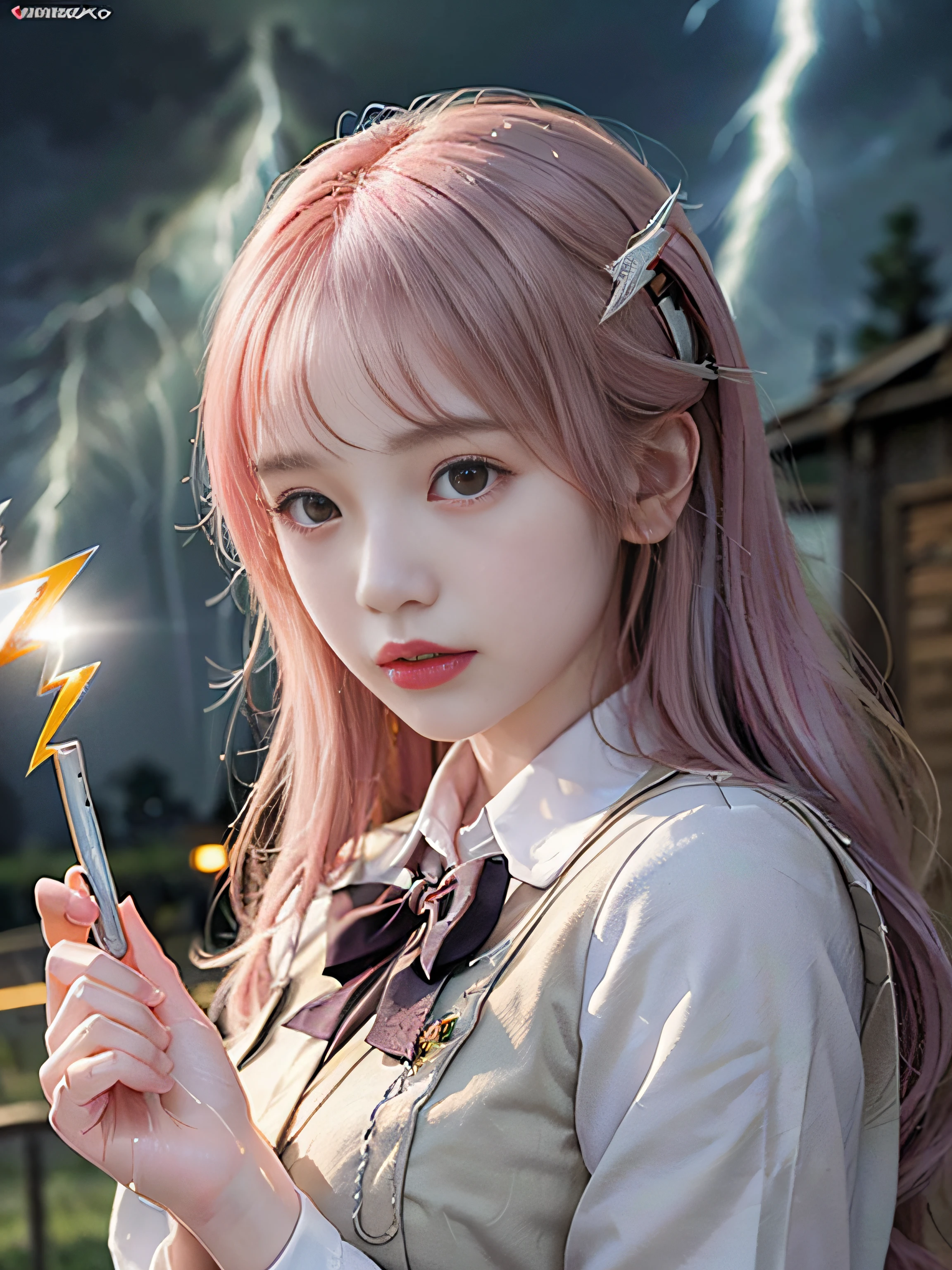 top-quality、​masterpiece、超A high resolution、(Photorealsitic:1.4)、Raw photo、Detailed CG image quality、cyberpunked、Beautiful fece、(1 magical girl)、sixteen years old, (Twin-tailed pink hair:1.4), (White ribbon to stop hair), (Platinum Silver Accessories:1.4)、(White School Uniform:1.4)、(big breasts thin waist)、(Purple eyes:1.3), (radiant eyes), (Mystical powers:1.2), (Holding a white wizard wand:1.4), ((A pale and fierce ball of light emanating from the wand:1.4)), (Lightning emanating from all over the body:1.4)、detailed portrait、8K picture quality、bright colour、concept-art、Cinematic and dramatic atmosphere、foco nítido、Volumetric lighting、Cinematographic lighting、Wearing studio quality、(Neon lighting)、depth of fields、Ambient lighting、Blurred foreground、blurry backround:1.3, (rainy evening:1.4), (((Severe lightning strike:1.4))),