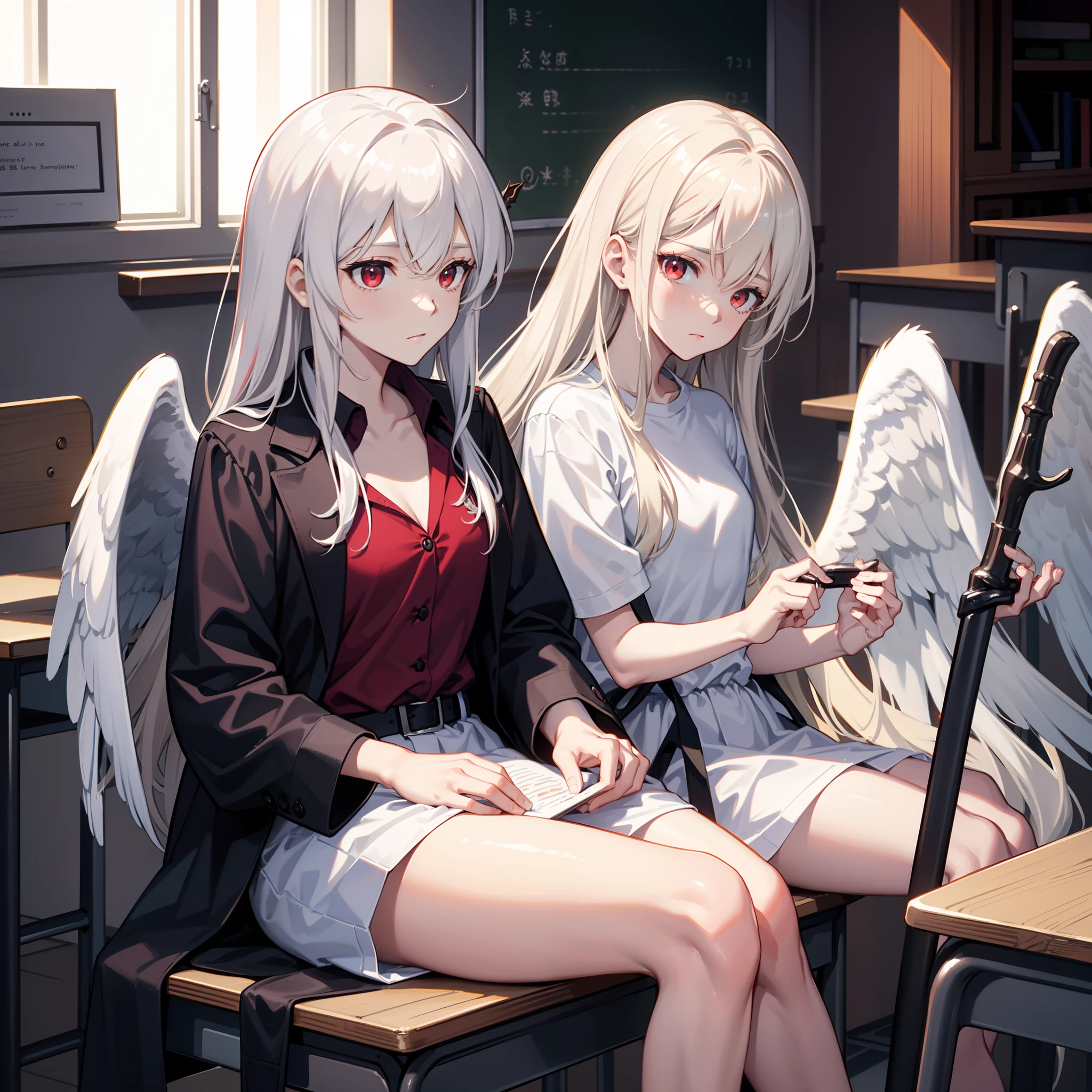 Six-winged Blazing Archangel,cabelos preto e longos,red color eyes,Black coat rests over the shoulders,Short white dress,white short sleeve,bored expression,Hold the cheeks,sitting in classroom