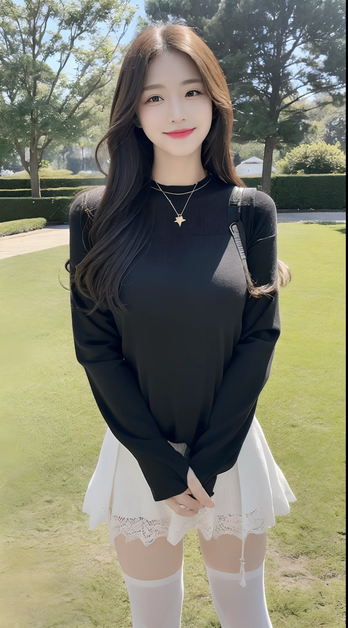 (1 Korean star with royal sister style), ((Best quality, 8K, 巨作: 1.3)), focal point: 1.2, Perfect body proportions: 1.4, (Make a smile), (Ray traching),Watery eyes, Highly Detailed Face and Skin Textur, Fine eyes, Double eyelids, Whitens the skin, (Black long straight: 1.3), (face round: 1.5), (JK: 1.4), (Lace view: 1.6),(Black over-the-knee stockings: 1.4),(JK style:1.4),(Extremely perfect legs)Playground lawn building