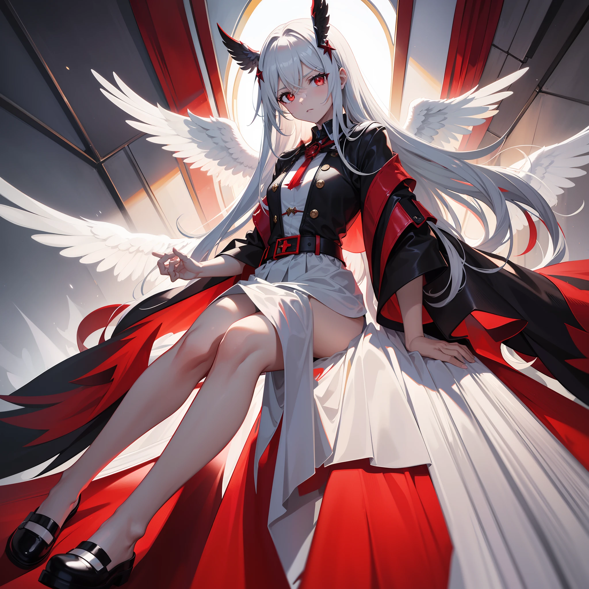 Six-winged Blazing Archangel，cabelos preto e longos，red color eyes，Black coat rests over the shoulders，Short white dress，white short sleeve，bored expression，Hold the cheeks，sitting in classroom