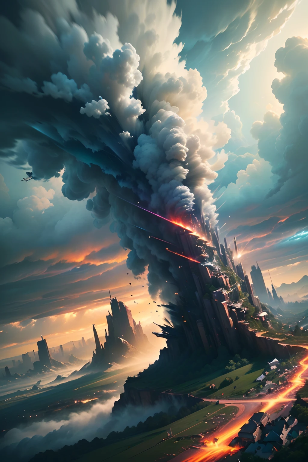 a tornado, bearing down on the landscape, debris flies through the air, impeccable attention to detail, breathtaking masterpiece, photorealism, hyper maximalist, intricate detail, sense of awe and wonder, gritty, sparking, chaotic, environmental art, droste effect photography, landscape photography