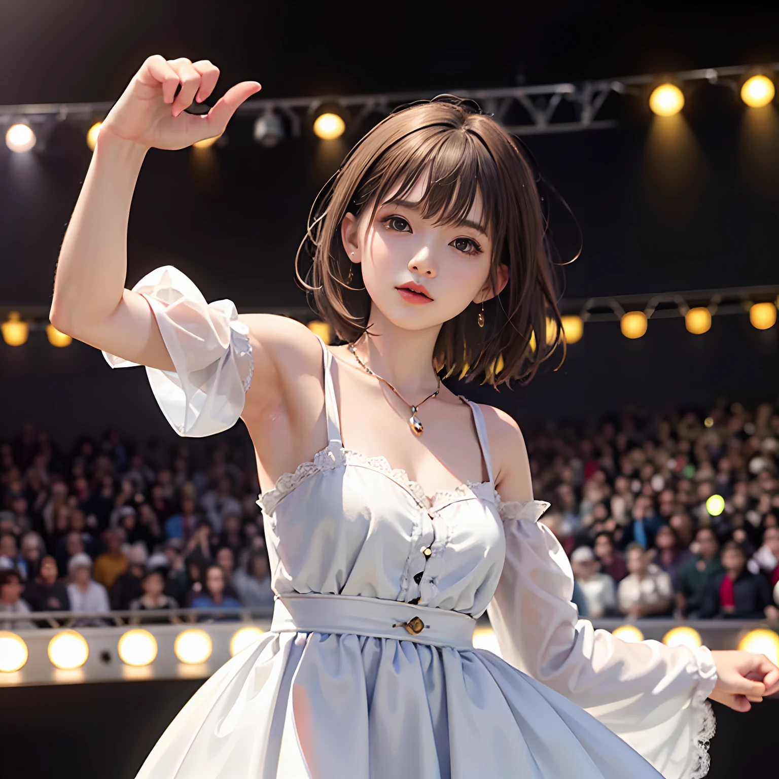 Raw photography, top-quality, ​masterpiece, extremely delicate and beautiful, amazingly detail, detaile, ​masterpiece, top-quality, ultra-detailliert, hight resolution, (top-quality), (Photorealsitic:1.4), 16k, hightquality, 1girl in, Golden hair, Perfect fingers、short-cut、off shoulders、Dancing on stage