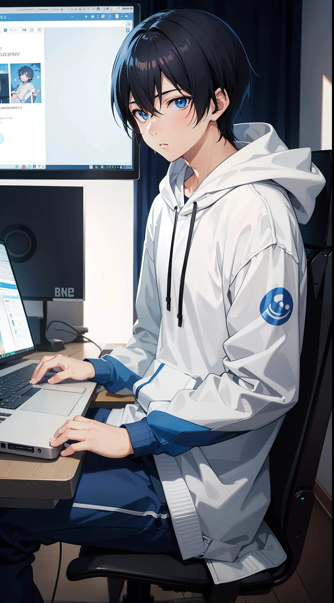 Anime boy sitting at desk with laptop and computer、animesque Male child、blue eyess、High quality anime art style, anime moe art style, young anime man, in a hoodie, Anime art wallpaper 8k,anime wallaper, high quality fan art, Male anime style, Anime Art Style、makoto shinkai art style、Sitting in front of a computer、White hoodie、(((Sitting in front of the PC and looking at the screen)))