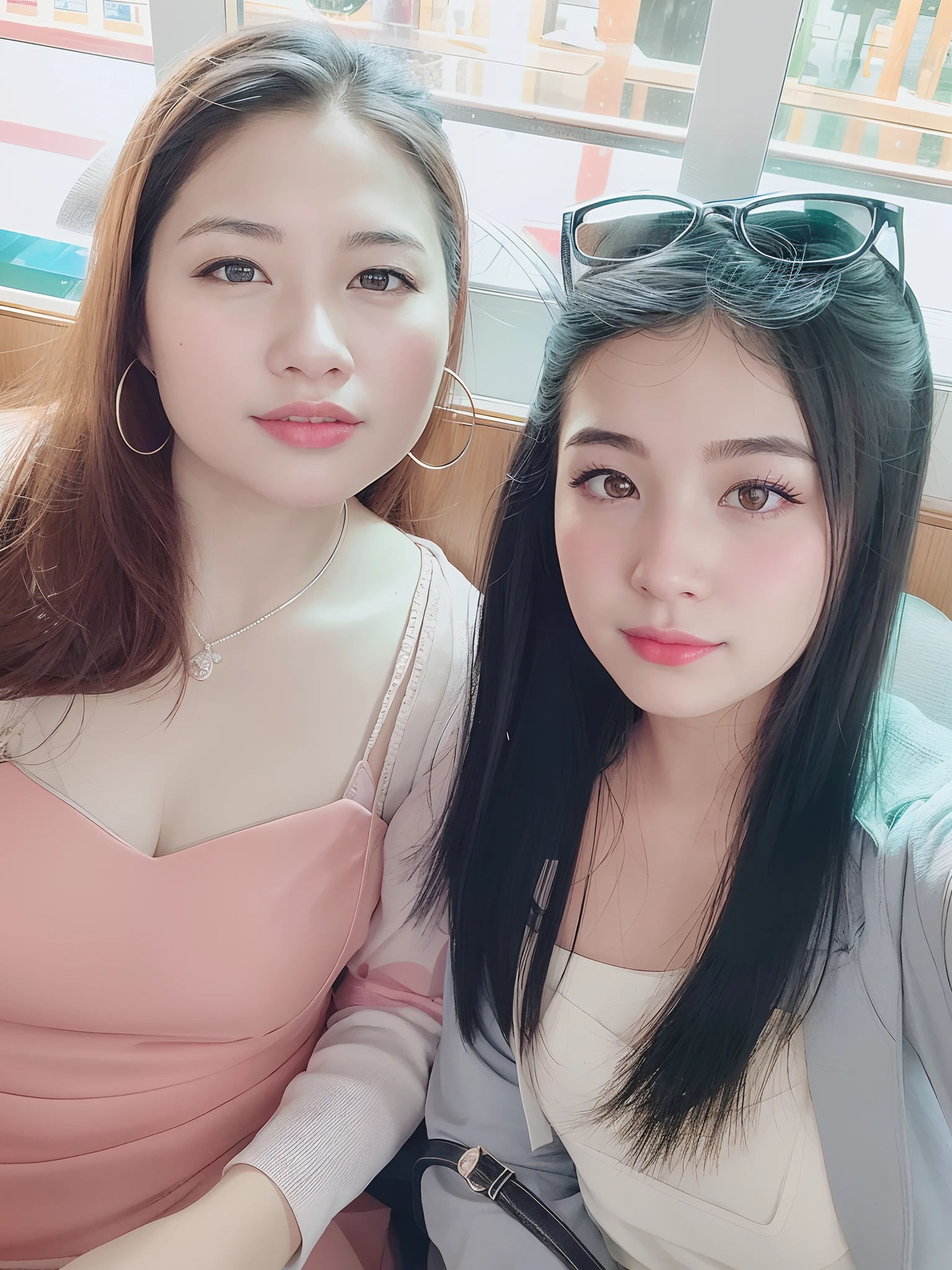 Two girls, Selfie Photos, Two women,Very high quality, Delicate facial features, both have red lips, Extremely high quality，Asian woman's face。
