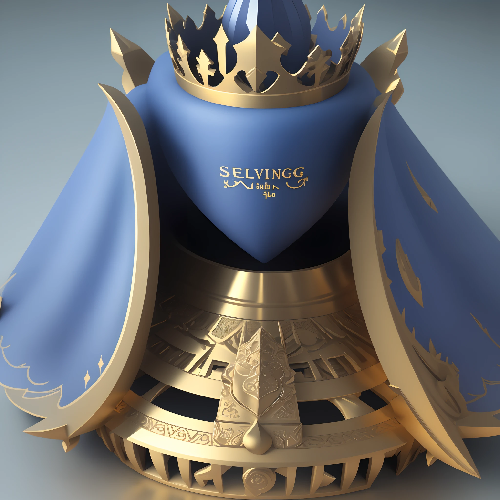 Generate a 3D text image with the words "SELVAA_THE_KING". Use bold and metallic gold textures. Add a subtle shadow and position the text diagonally from the bottom left to the top right. Apply a royal blue background.