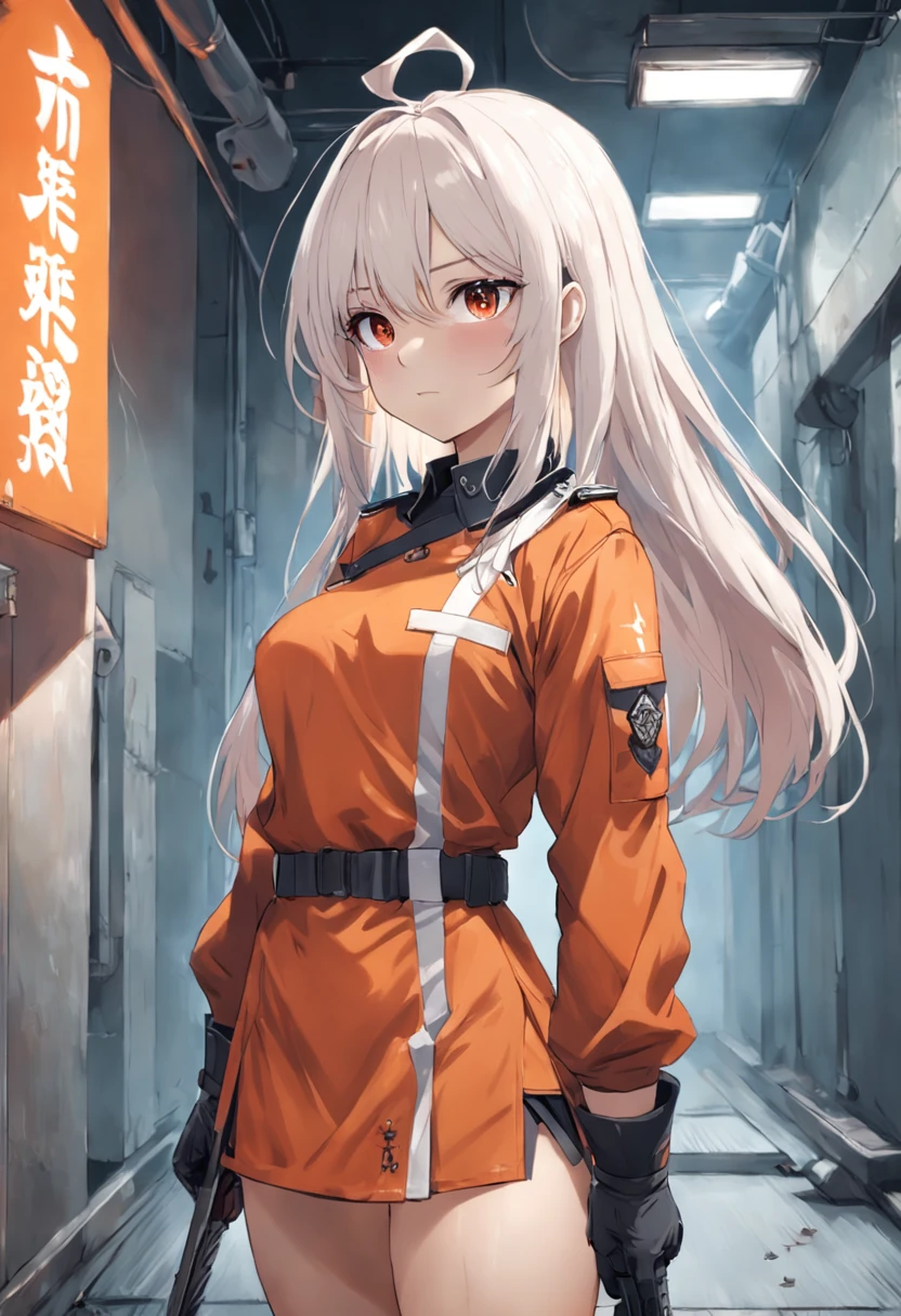 bit girl，Wear orange combat uniforms，white color hair，Long knife on the back，In a toilet，looking back at the camera，Very shy，Drawn by Mai Yoneyama