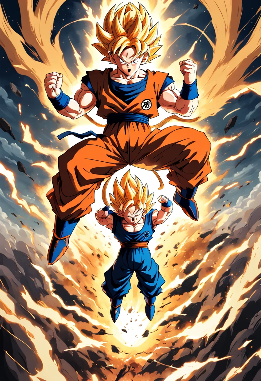 "Create a dynamic movie poster in the iconic style of Akira Toriyama's Dragon Ball Z, showcasing Goku's epic battle."