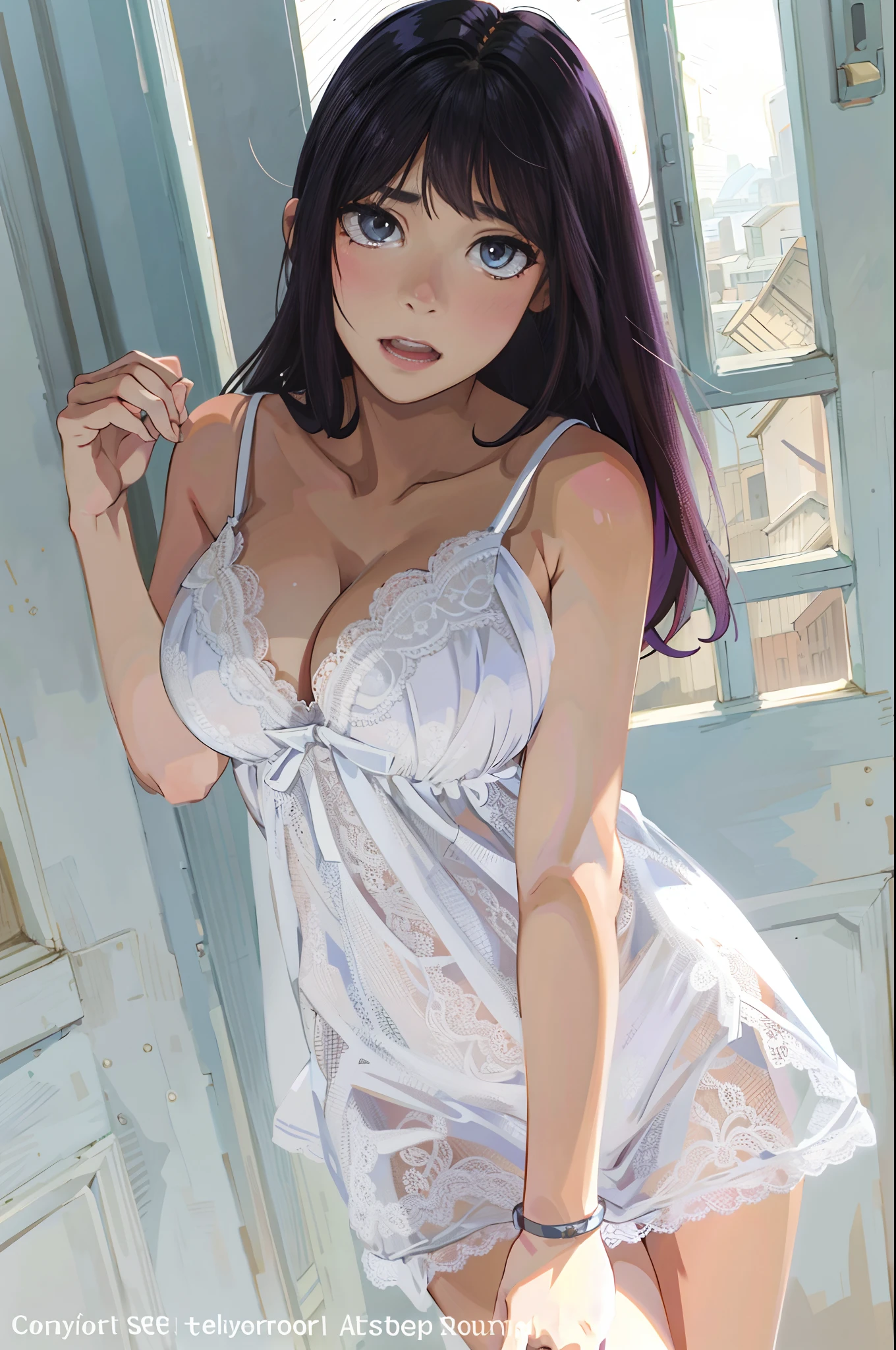 (best qualityer:0.8),
(best qualityer:0.8), Perfect anime illustration, femele，huge boob，White lace deep V slip dress，closeup portrait