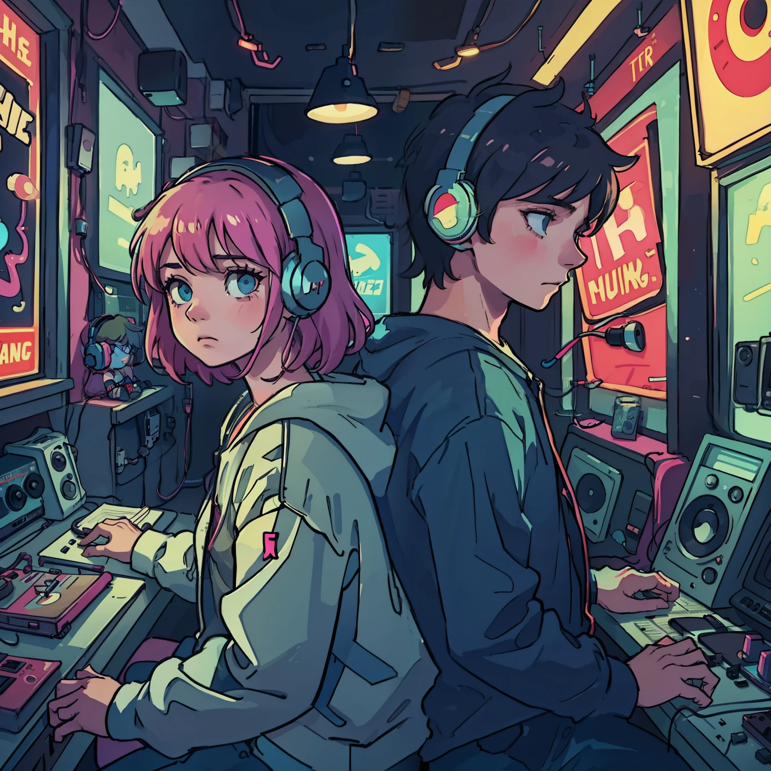 a boy and a girl are listening to music with headphones together in an old vinyl store, a room with a lot of singer poster, 80s style, with neon lights. The atmosphere is sad when the two are about to part. Guitar