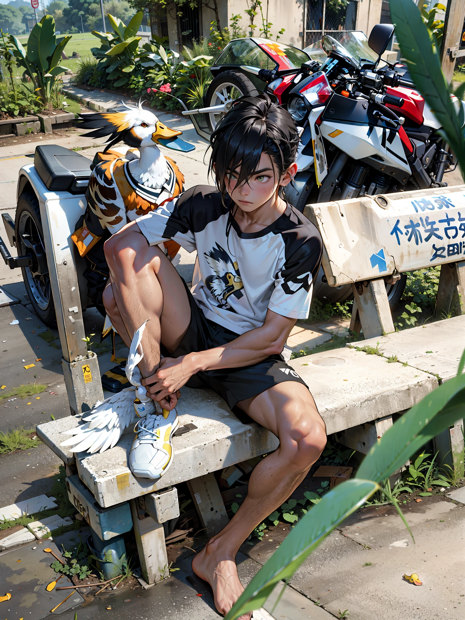 A boy, duck hybrid, messy long white hair, with yellow locks, confused expression, white shirt and shorts, duck feathers and ducktail