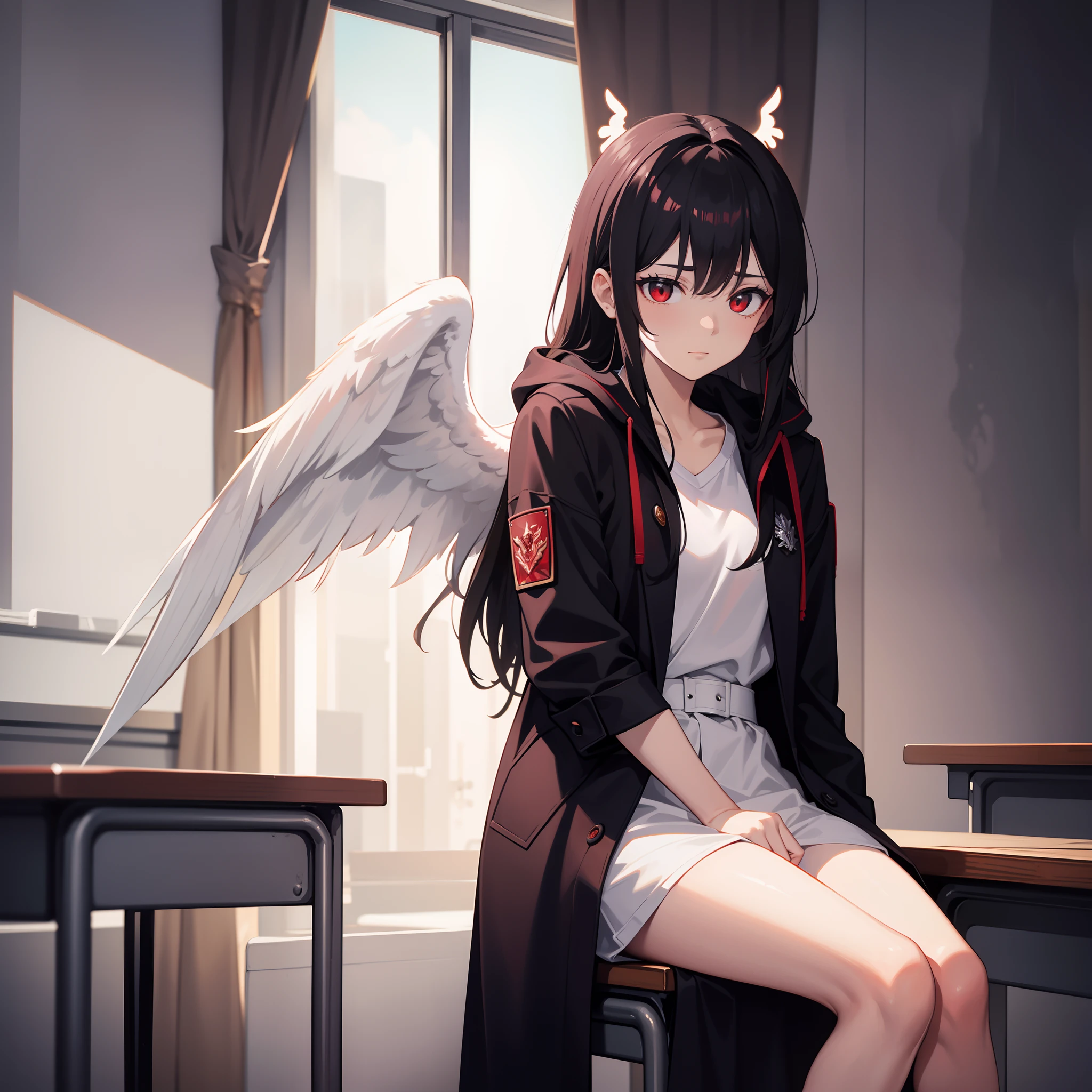 Six-winged Blazing Archangel,cabelos preto e longos,red color eyes,Black coat rests over the shoulders,Short white dress,white short sleeve,bored expression,Hold the cheeks,sitting in classroom