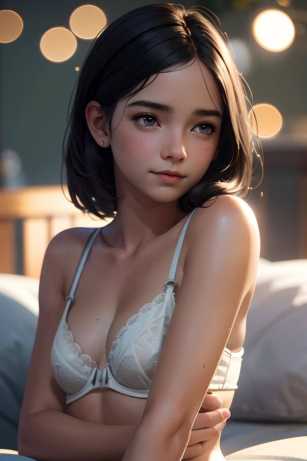 1girl, smile, (((small breasts)))), ((((bokeh))),depth of field, cute face, staring at the viewer, masterpiece, model photography style, cleavage, full body portrait, sexy pose, (((8k, RAW photo, best quality, masterpiece)), high detail RAW color photo professional photo, (realistic, photo realism:1.37), (highest quality), (best shadow), ( Professional close-up photography, (realistic, photorealism: 1.37), 8K wallpapers, physically based rendering, cinematic lighting), unified 8K wallpapers, physically based rendering, cinematic lighting), ultra-high resolution, highly detailed CG, high definition RAW color photography (best illustrations), one girl, beautiful, realistic, highly detailed face and skin texture, s, long black hair, small, Lying on bed, bra, upper body