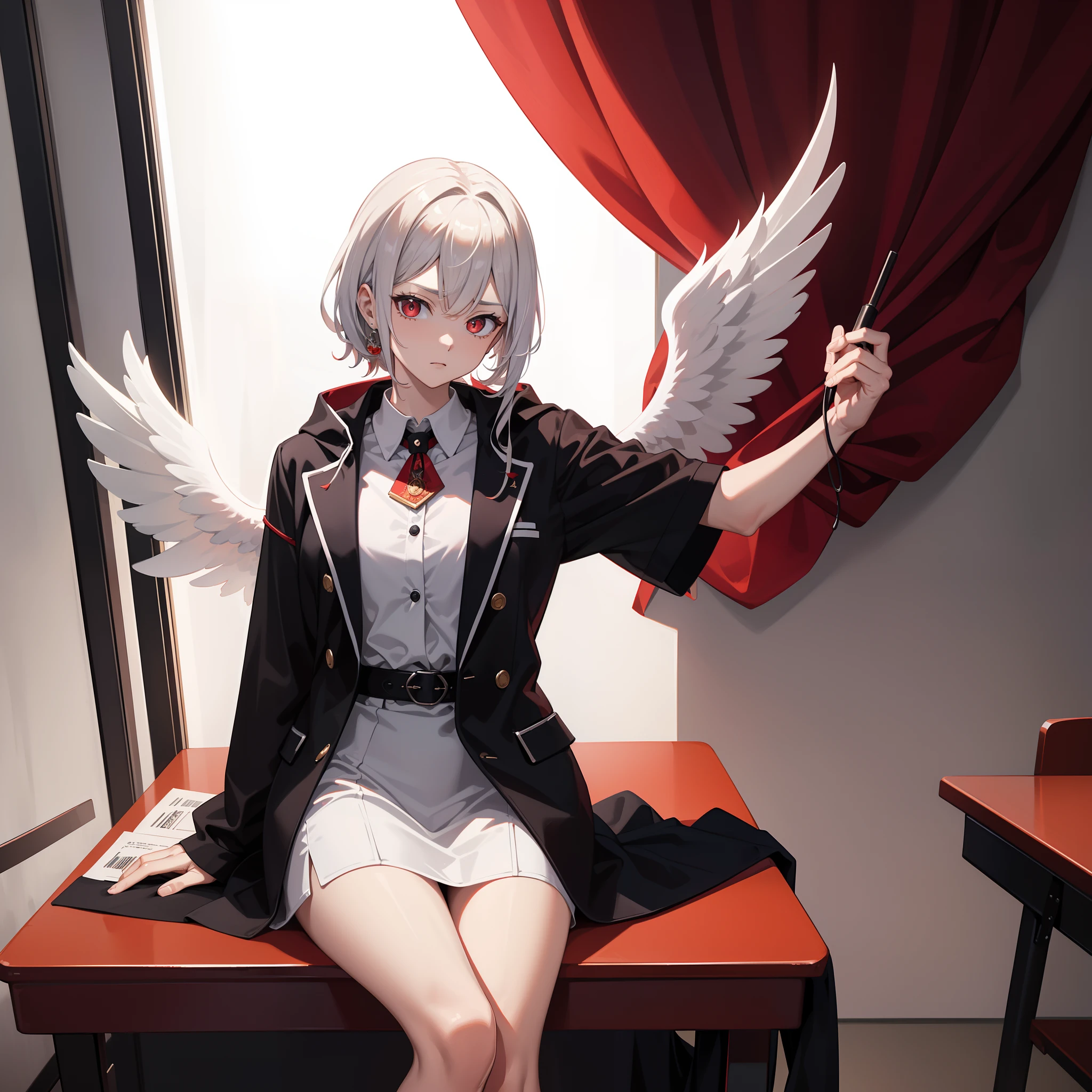 Six-winged Blazing Archangel，cabelos preto e longos，red color eyes，Black coat rests over the shoulders，Short white dress，white short sleeve，bored expression，Hold the cheeks，sitting in classroom