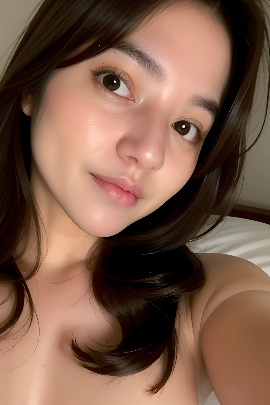 (masterpiece), (pov close up), best quality, masterpiece, (photorealistic:1.2), 1woman, vonzy selfie in bed, on sidepool at night, front view, realistic skin, (round face), curtain fringe messy hair, brown hair, human skin imperfection, blackout