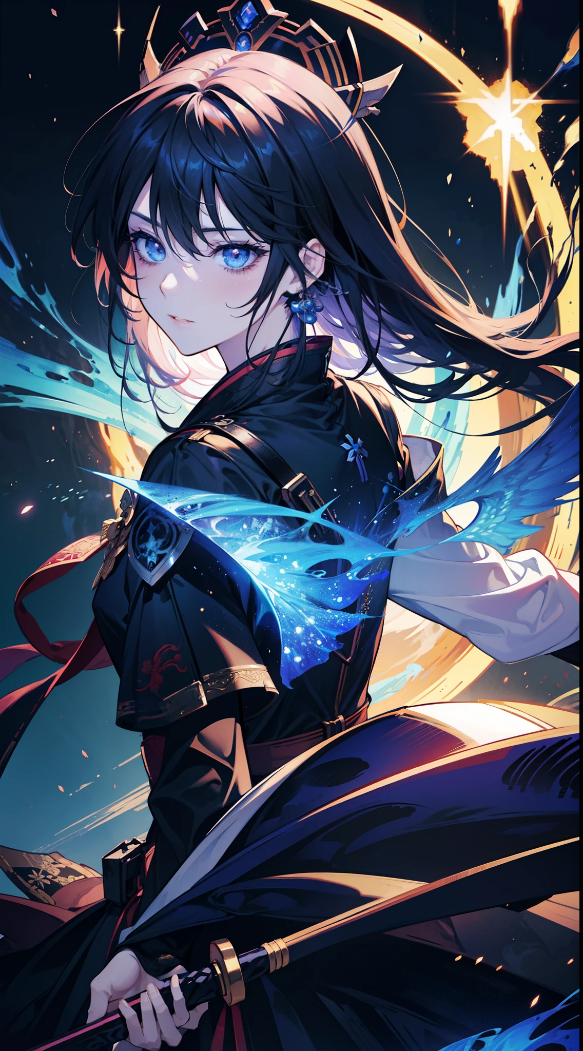 Anime figure，Dark villain，Beauty side face，Long hair flying，（golden headdress），Two teenage girls back to back，（Simple helmet）Spark ashes burn，The samurai held a sword, Wear contrasting armor, The whole picture of the witch and the witch skeleton,（standing full-body），（（Faraway view）），（HD8K），ultra-wide-angle，The background is gorgeous，the original god, demon anime girl, Angel anime girl，fantasy paladin man, Dragon Knight,Spread your black feathered wings，Mobile Genshin Impact, Anime 8 k, Anime fantasy illustration, Gens6hin impact, Tough and cold character, Detailed key anime art, Ayaka Genshin impact, onmyoji portrait，Close-up of shooting random weapons, Comic book epic artwork, Epic fantasy digital art style,Epic fantasy art style, 8K high quality detailed art, Epic fantasy art style HD, Faraway view，Behind him，This is a golden glowing magic array。，Purify the flame，HD anime visuals，full portrait of magical knight，