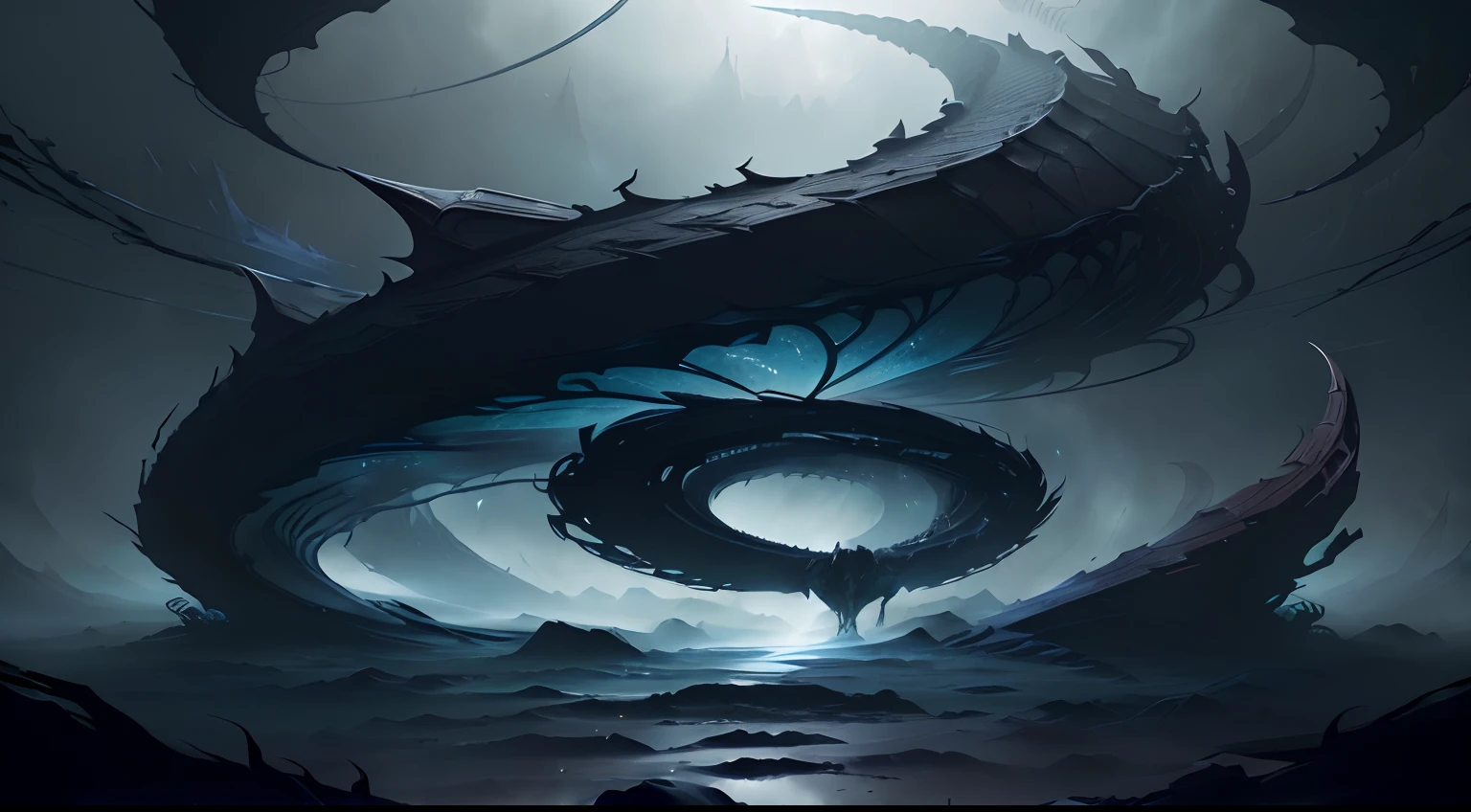 there is a digital painting of a giant dragon in the middle of a dark sky, an ominous fantasy illustration, dramatic concept art, symmetric concept art, dark fantasy concept art, dark concept art, symmetrical epic fantasy art, dark fantasy style art, 8k stunning artwork, dark high-contrast concept art, noah bradley, fog at bottom. sharp focus, epic fantasy sci fi illustration.