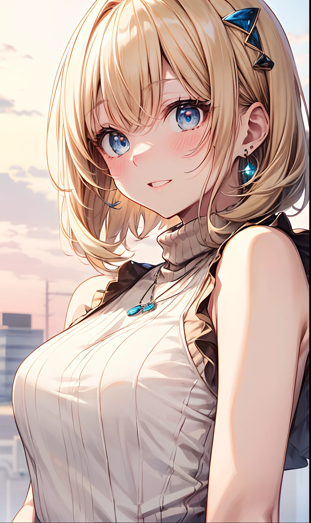 absurderes, ultra-detailliert,bright colour, extremely beautiful detailed anime face and eyes, view straight on, ;D, shiny_skin,25 years old, Short hair, , asymmetrical bangs, Blonde hair with short twin tails, Shiny hair, Delicate beautiful face,(Surprise and embarrassment:1.3) ,red blush、Blue eyes, White skin, hair clips, earrings, a necklace,(Brown Turtleneck Sleeveless:1.2), Beautiful cloud, Dusk sky,